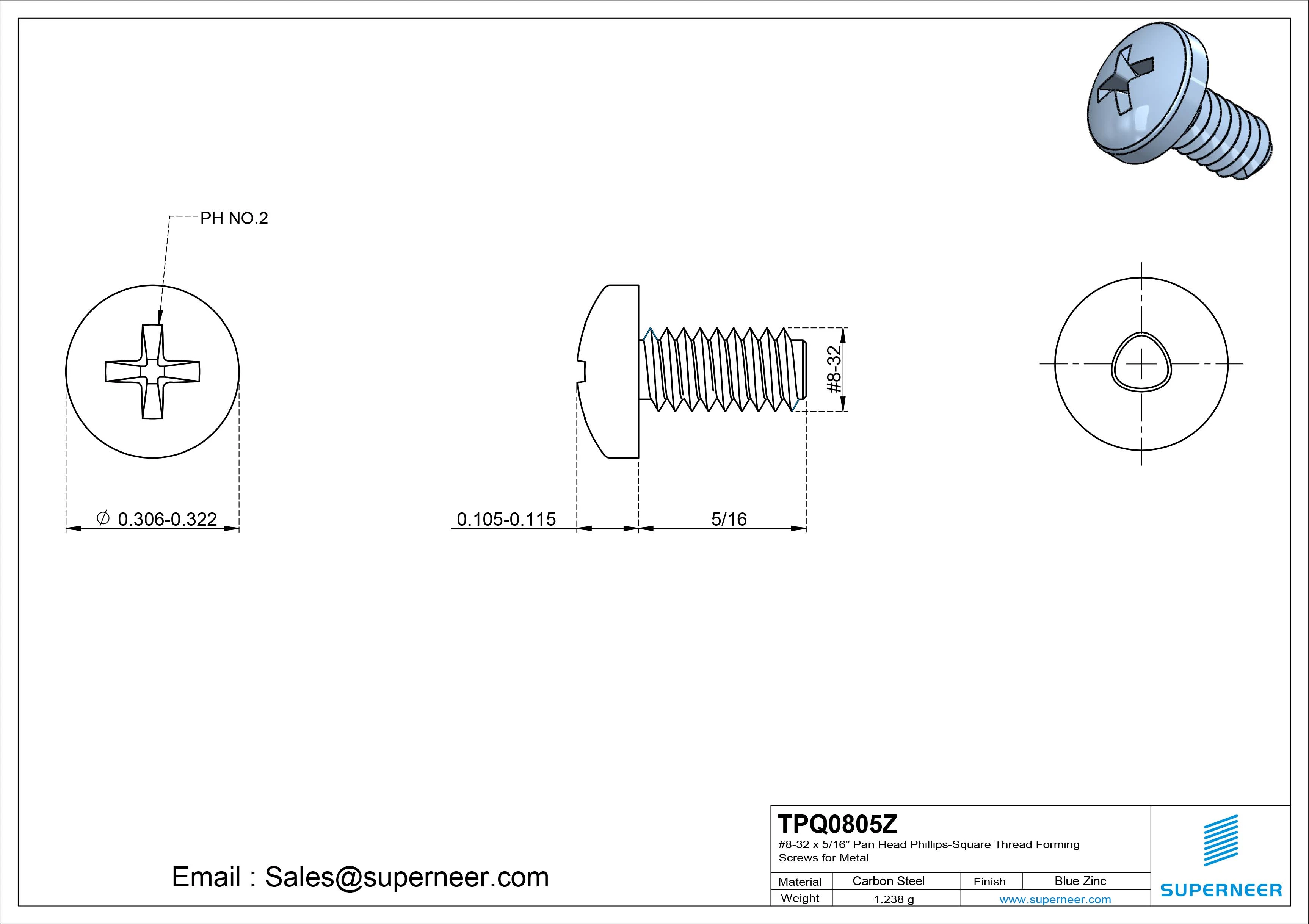 8-32 × 5/16 Pan Head Phillips Square Thread Forming  Screws for Metal  Steel Blue Zinc Plated