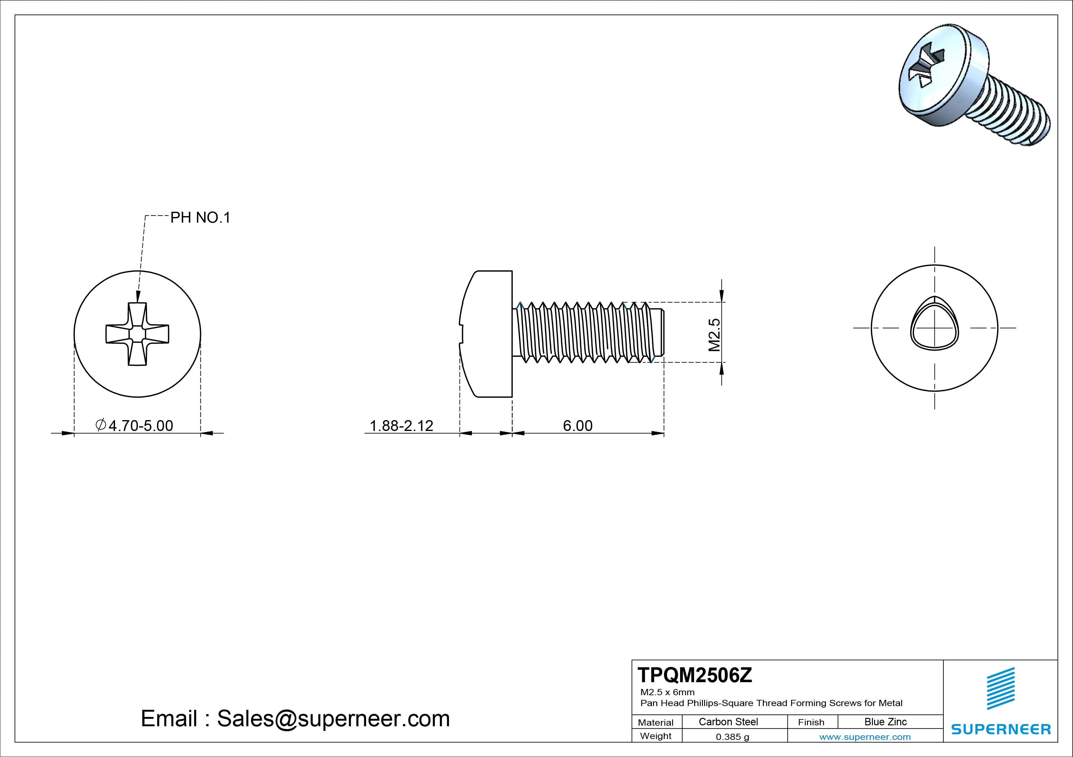 M2.5 × 6mm Pan Head Phillips-Square Thread Forming Screws for Metal Steel Blue Zinc Plated