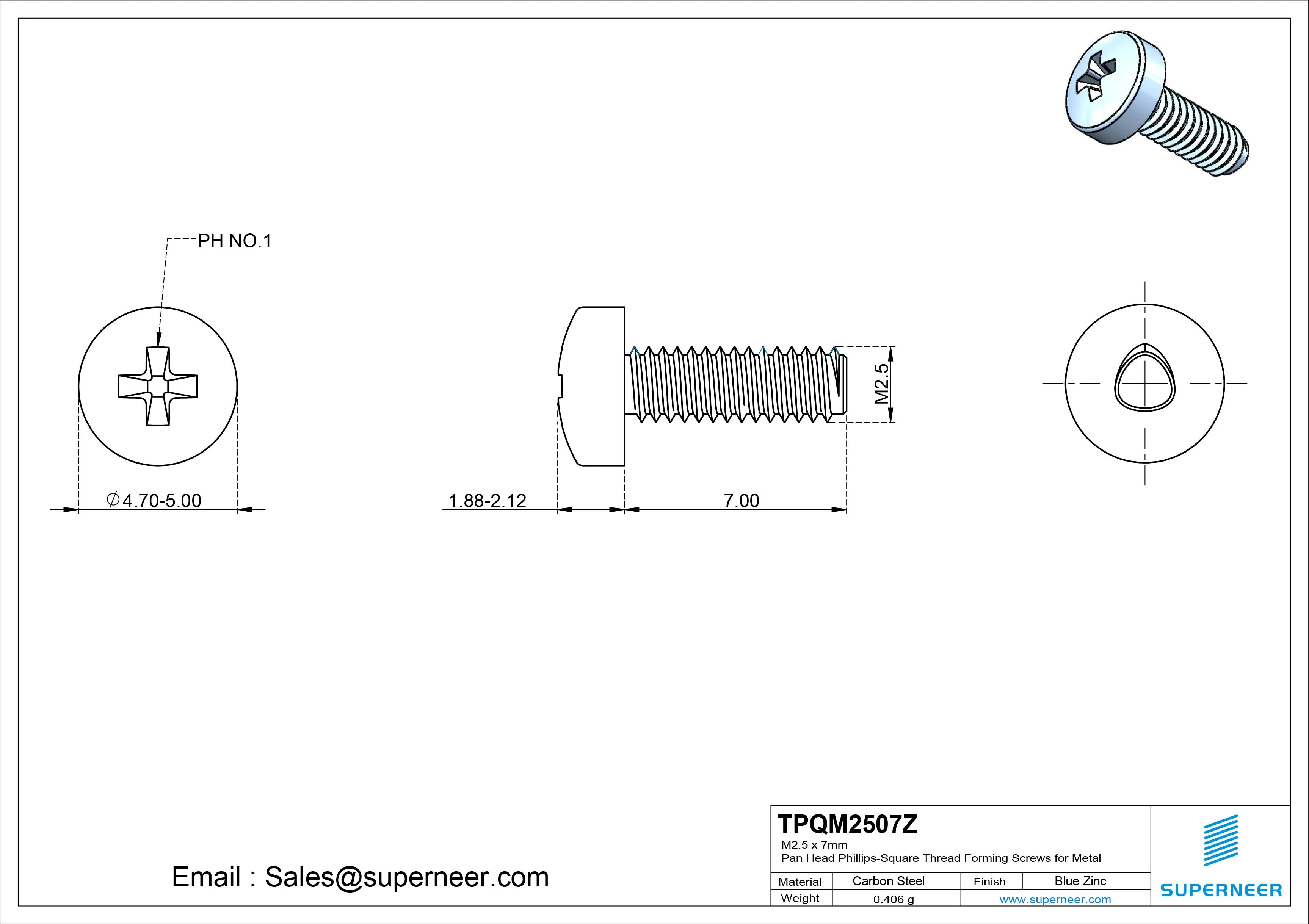 M2.5 × 7mm Pan Head Phillips-Square Thread Forming Screws for Metal Steel Blue Zinc Plated
