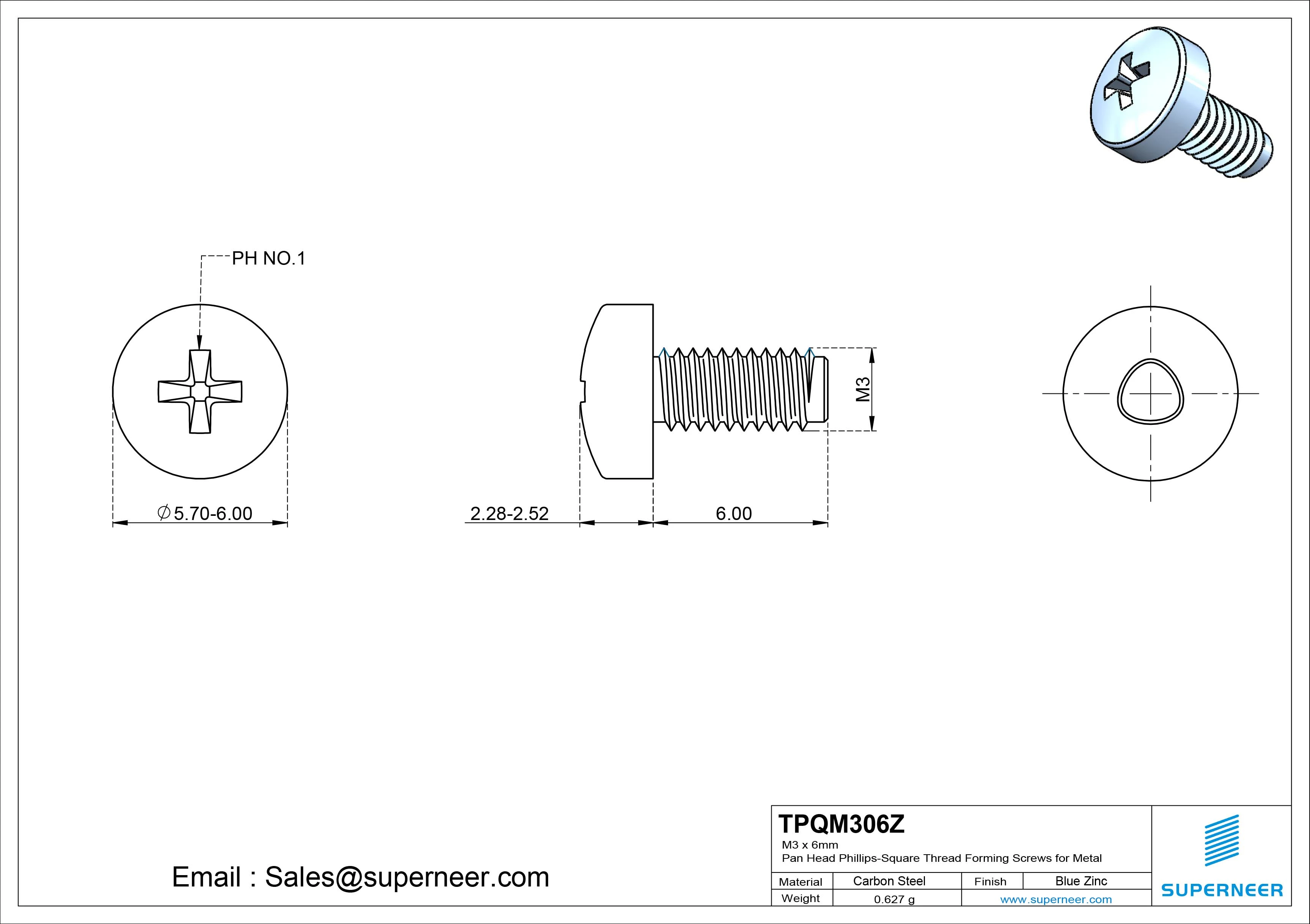 M3 × 6mm Pan Head Phillips-Square Thread Forming Screws for Metal Steel Blue Zinc Plated