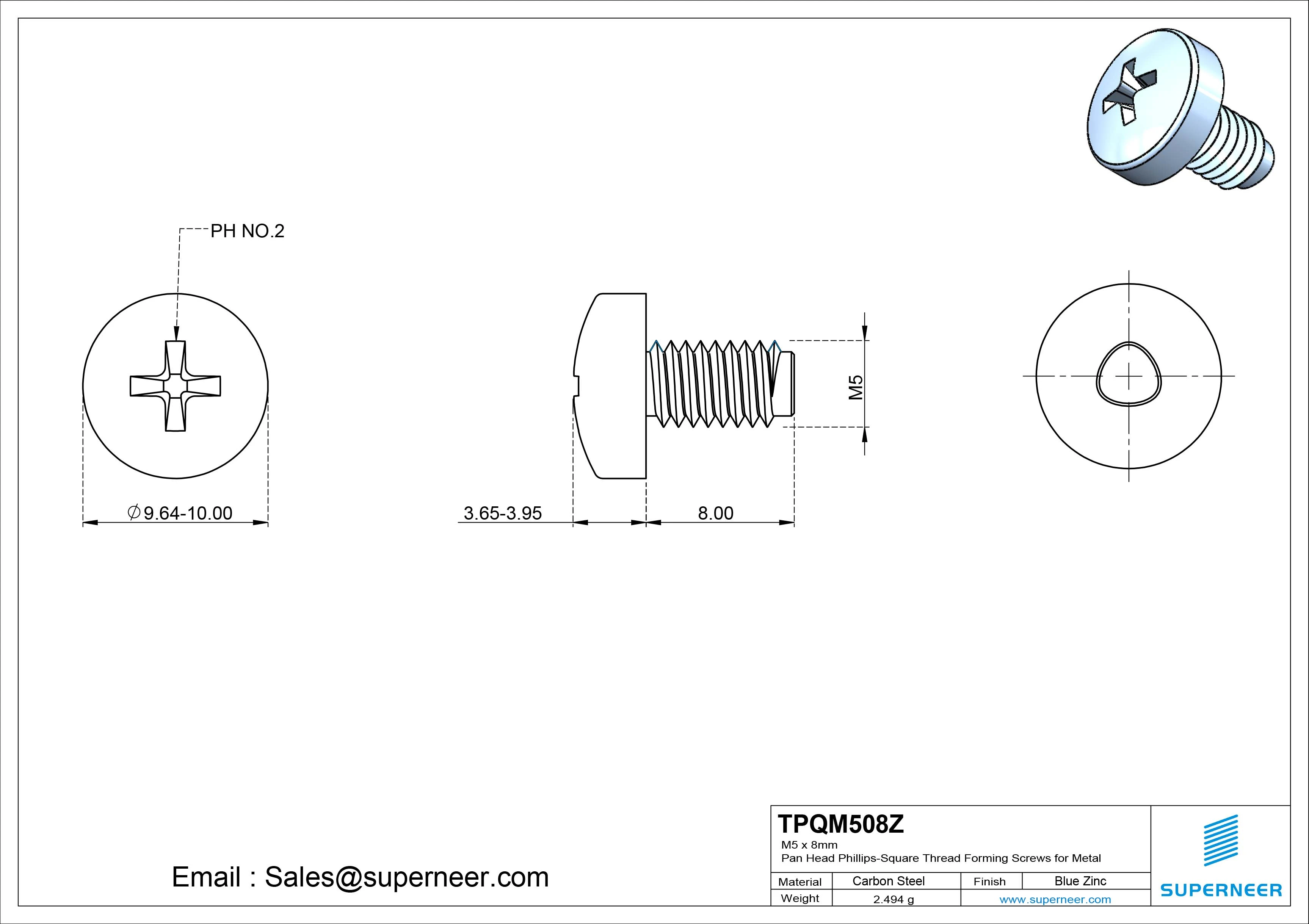 M5 × 8mm Pan Head Phillips-Square Thread Forming Screws for Metal Steel Blue Zinc Plated