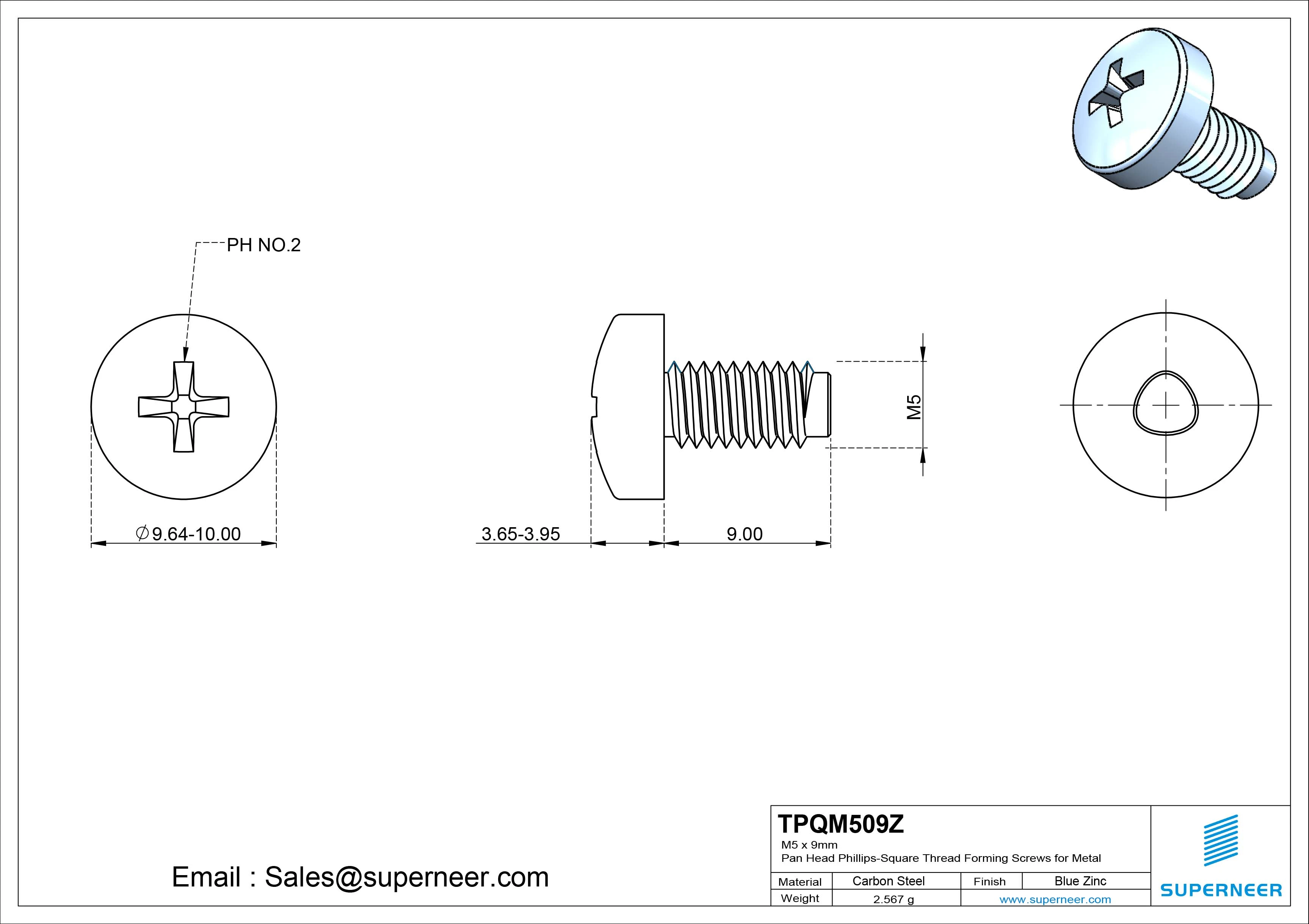 M5 × 9mm Pan Head Phillips-Square Thread Forming Screws for Metal Steel Blue Zinc Plated
