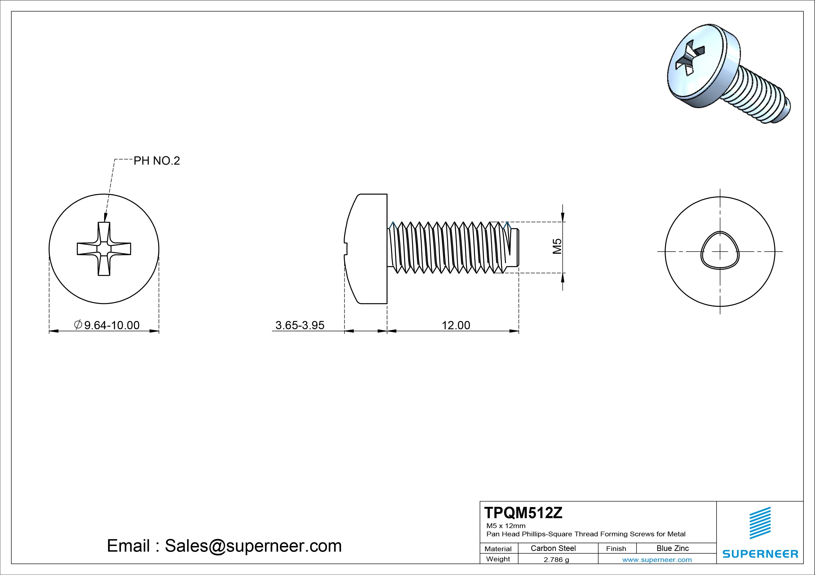 M5 × 12mm Pan Head Phillips-Square Thread Forming Screws for Metal Steel Blue Zinc Plated
