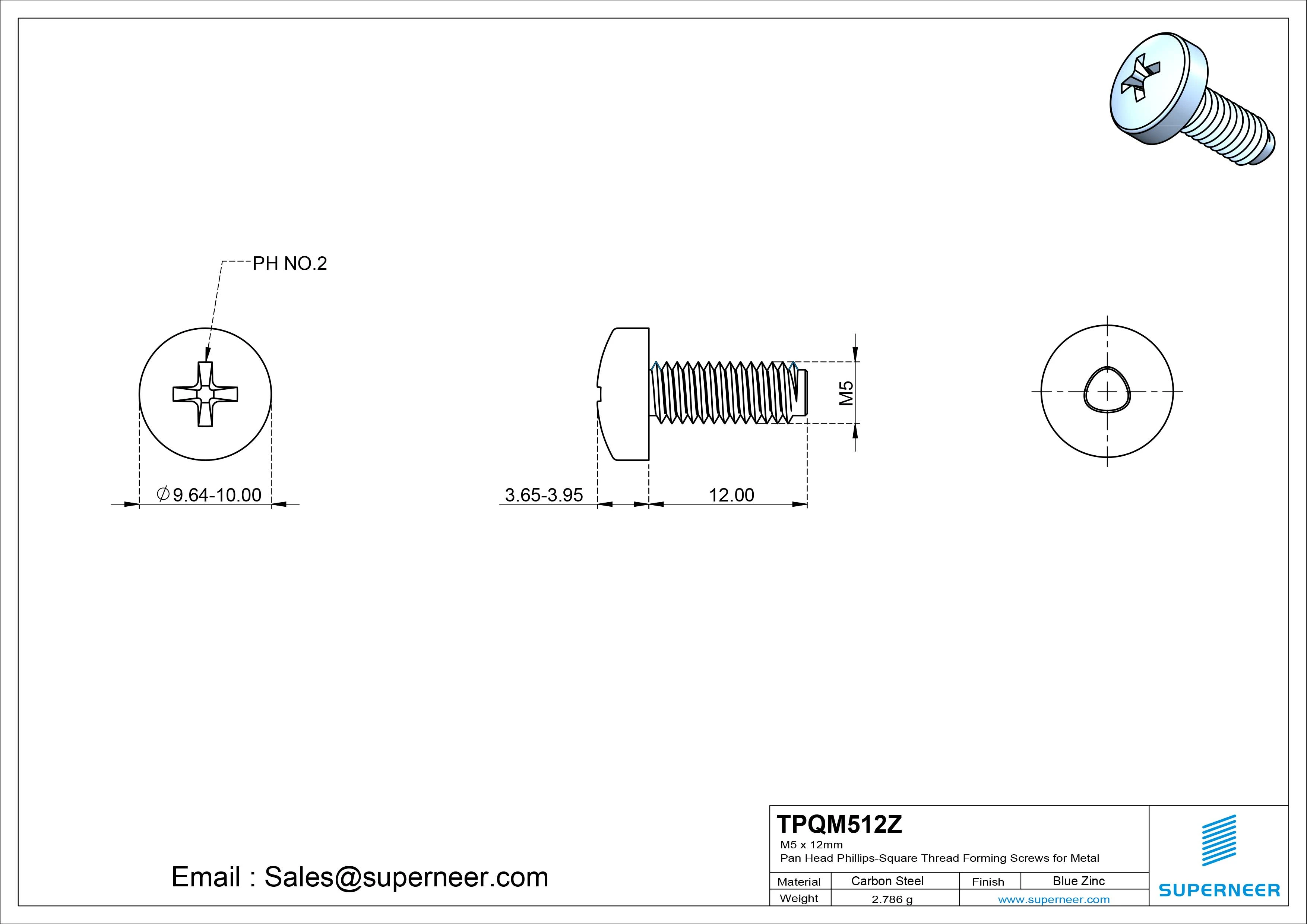 M5 &times; 12mm Pan Head Phillips-Square Thread Forming Screws for Metal Steel Blue Zinc Plated