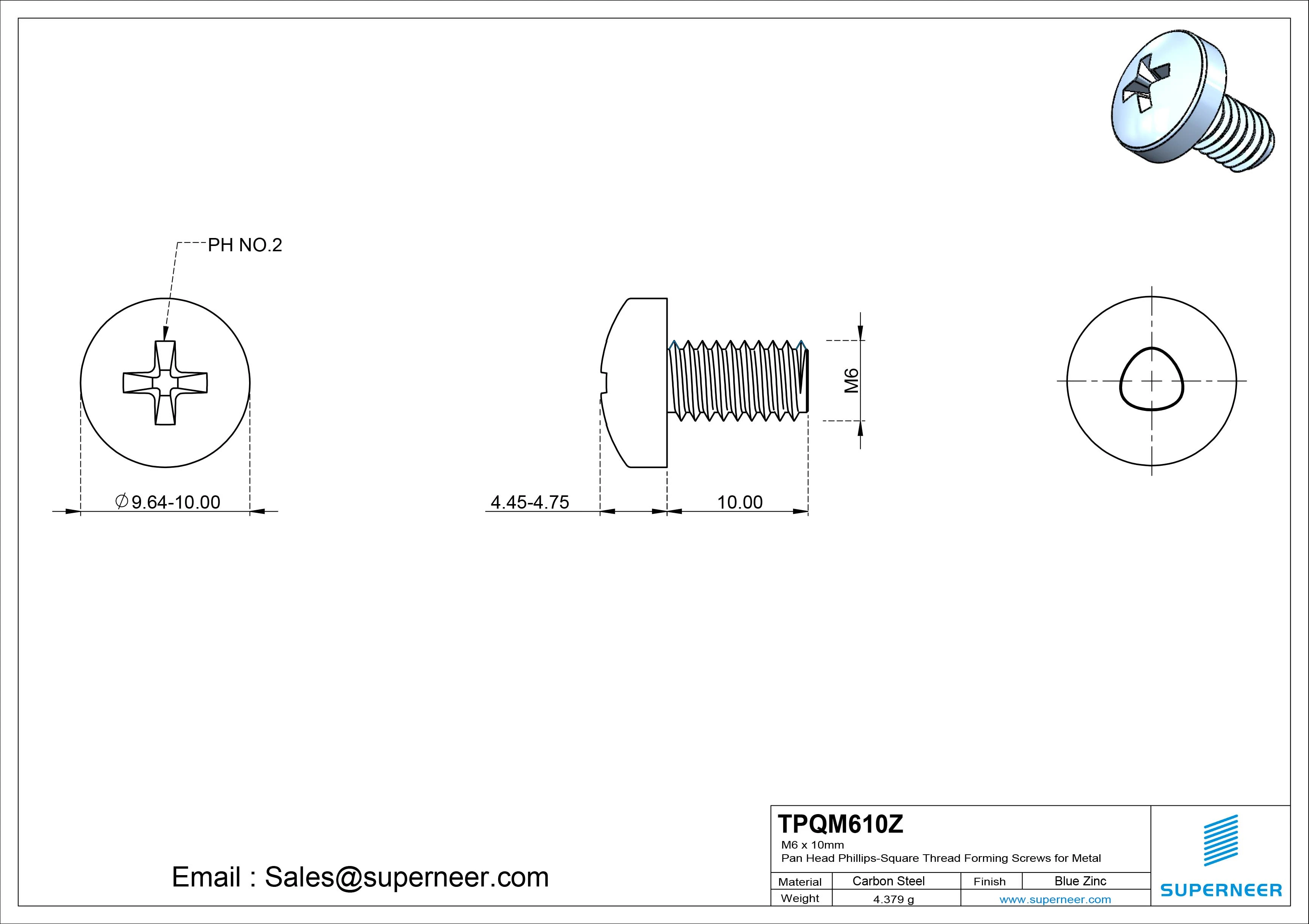 M6 × 10mm Pan Head Phillips-Square Thread Forming Screws for Metal Steel Blue Zinc Plated