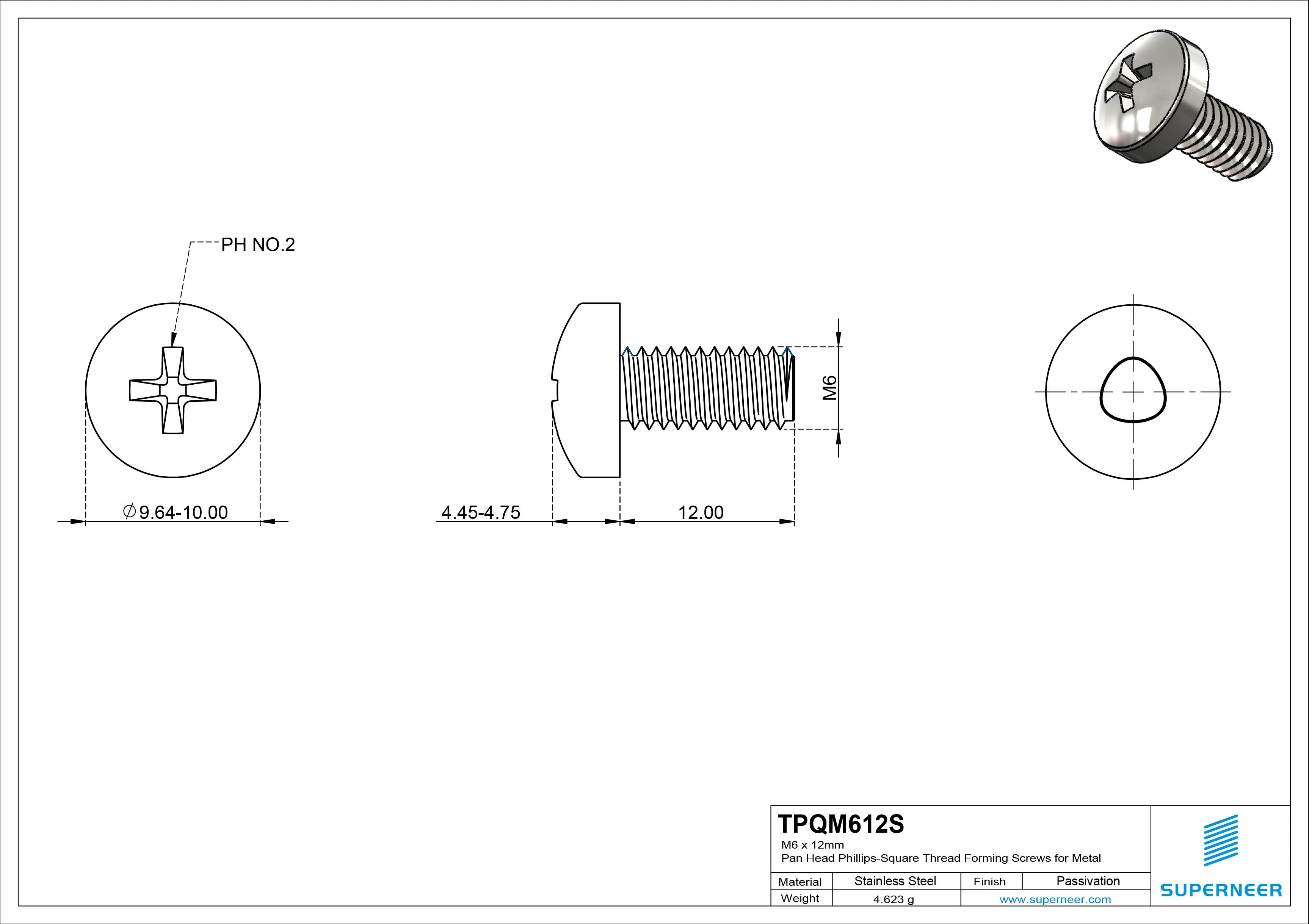 M6 × 12mm Pan Head Phillips-Square Thread Forming Screws for Metal SUS304 Stainless Steel Inox