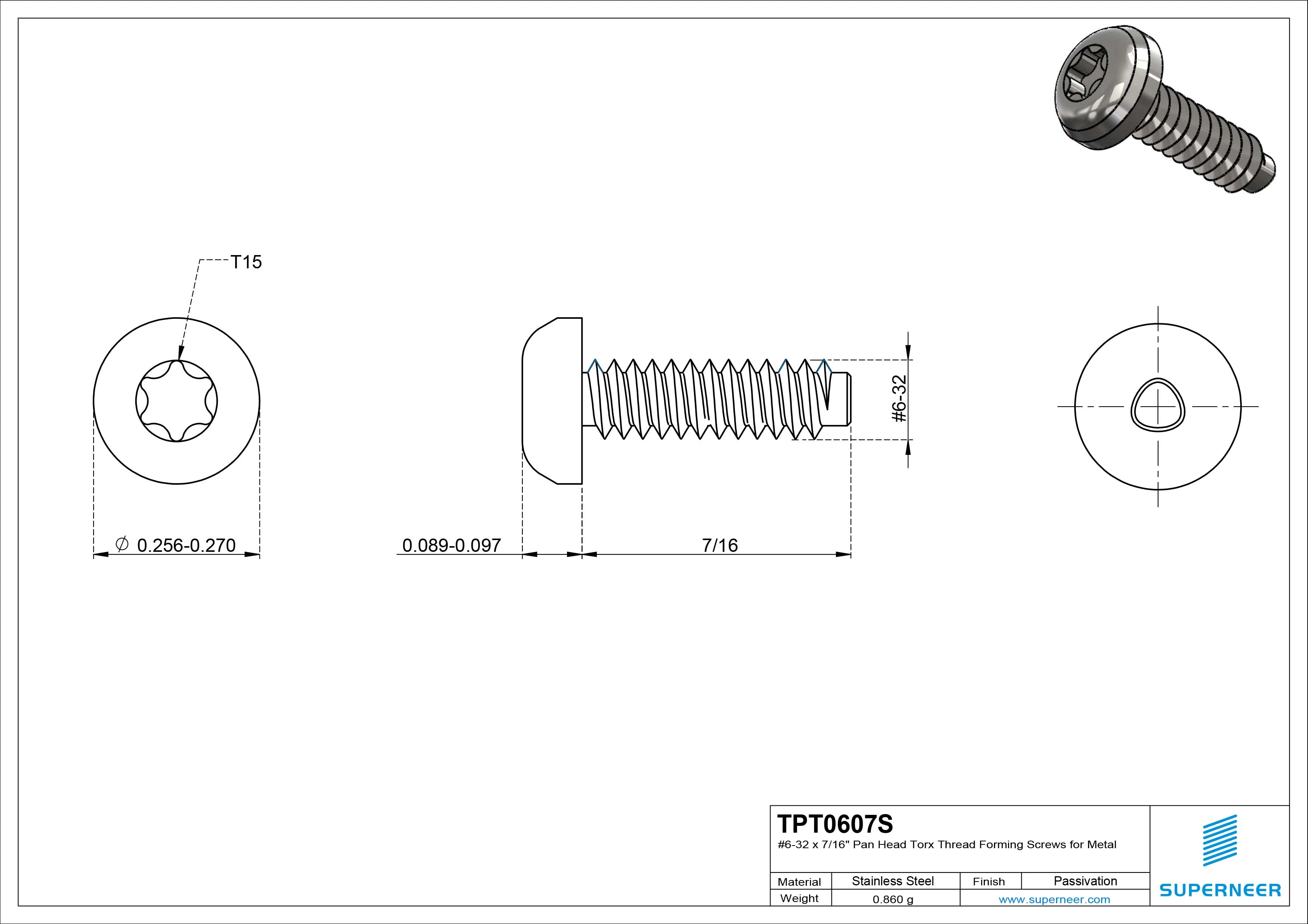 6-32 × 7/16 Pan Head Torx Thread Forming  Screws for Metal  SUS304 Stainless Steel Inox