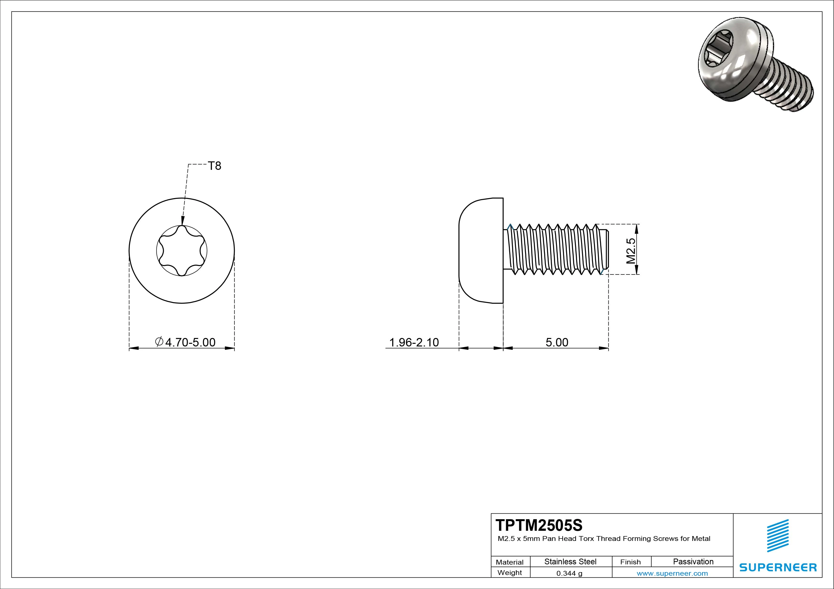 M2.5 × 5mm Pan Head Torx Thread Forming Screws for Metal SUS304 Stainless Steel Inox