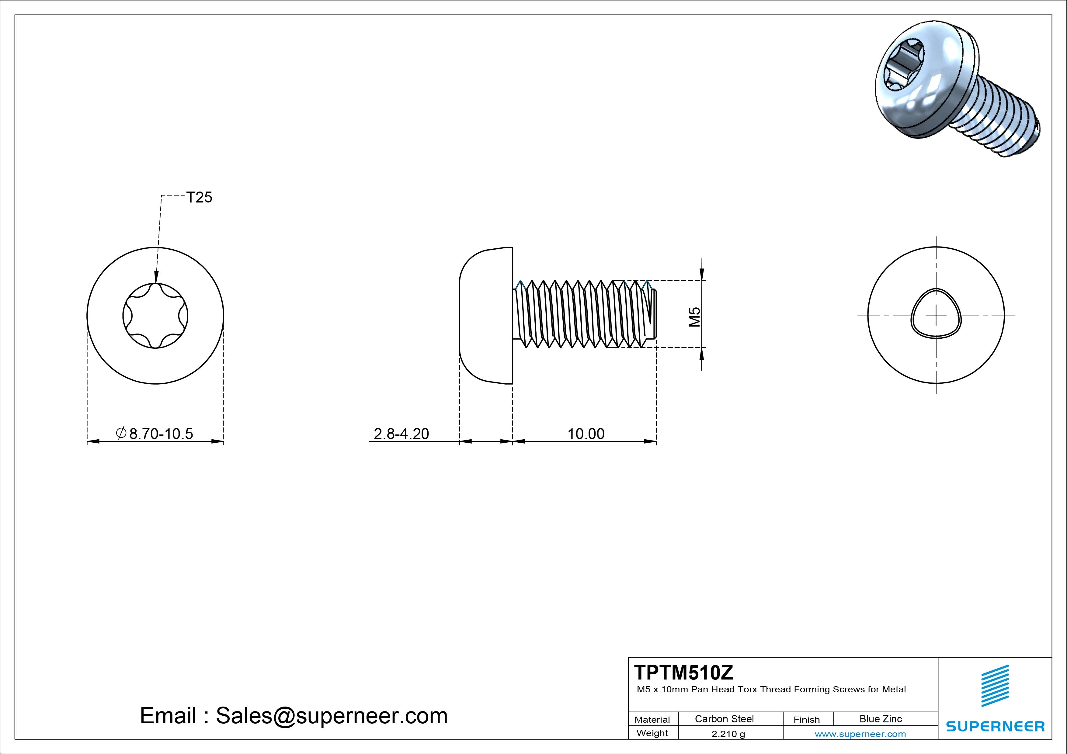 High Quality DIN7500 M5 × 10mm Pan Head Torx Thread Forming Screws for Metal Steel Blue Zinc Plated