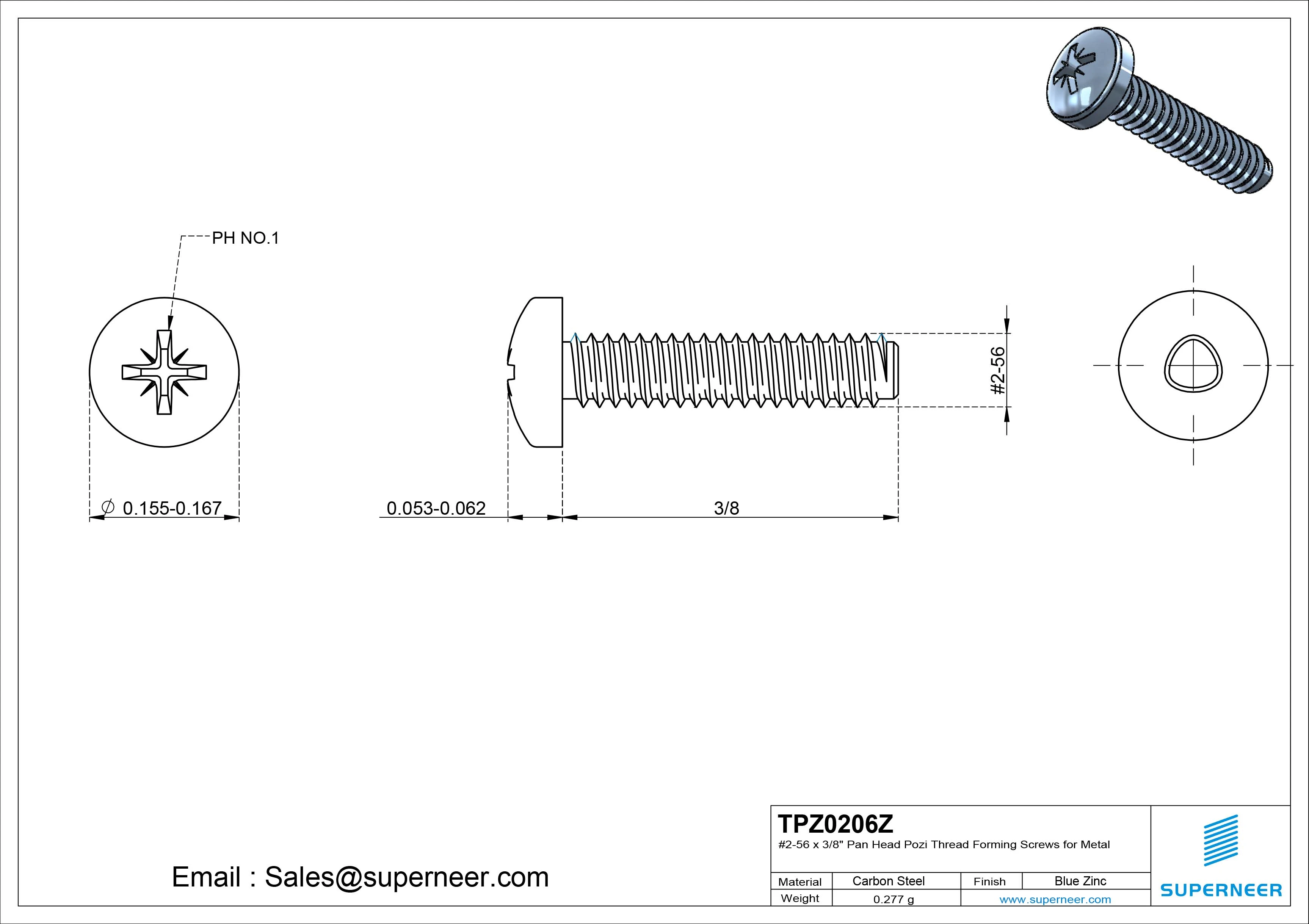 2-56 × 3/8 Pan Head Pozi Thread Forming  Screws for Metal  Steel Blue Zinc Plated