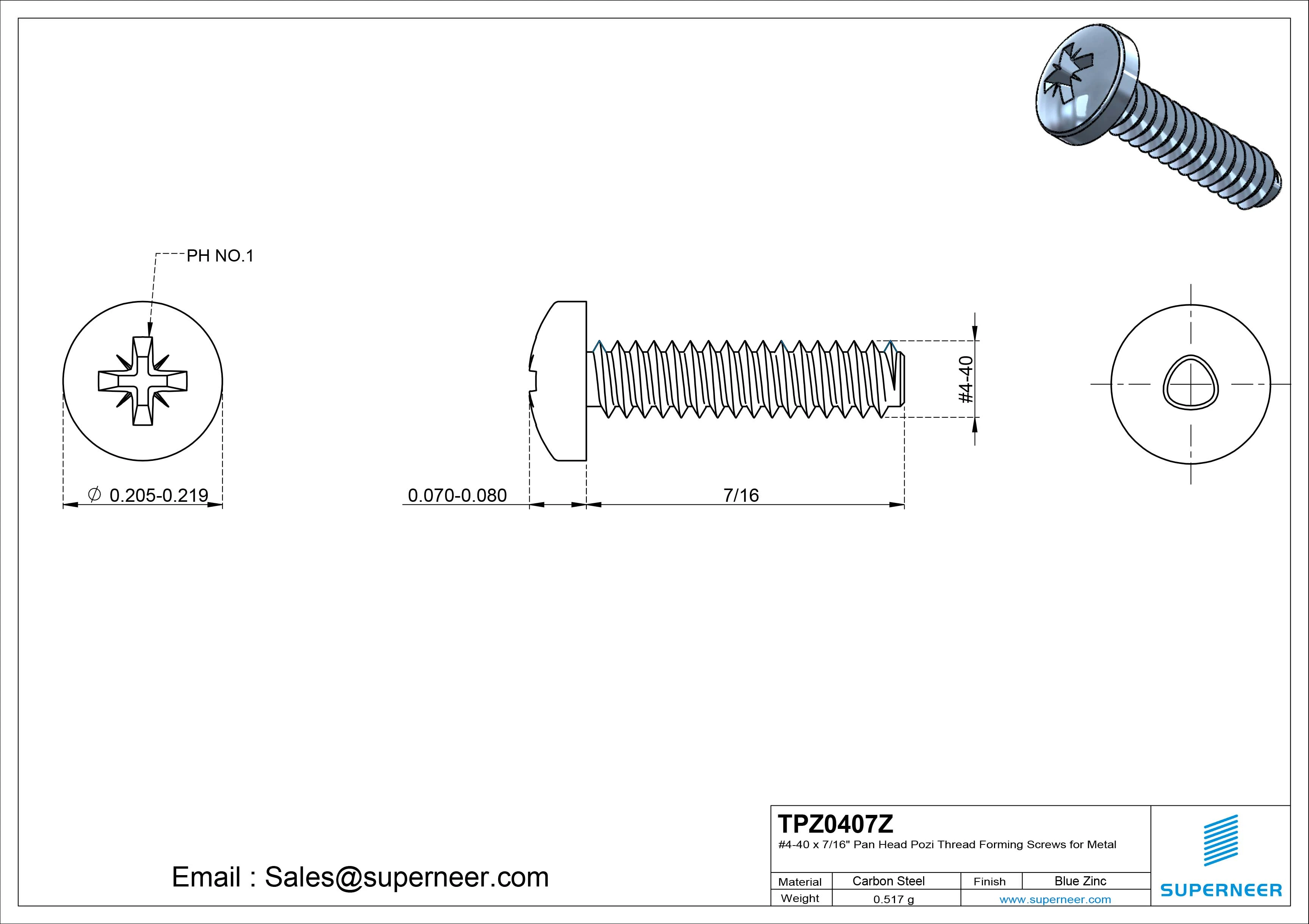 4-40 × 7/16 Pan Head Pozi Thread Forming  Screws for Metal  Steel Blue Zinc Plated