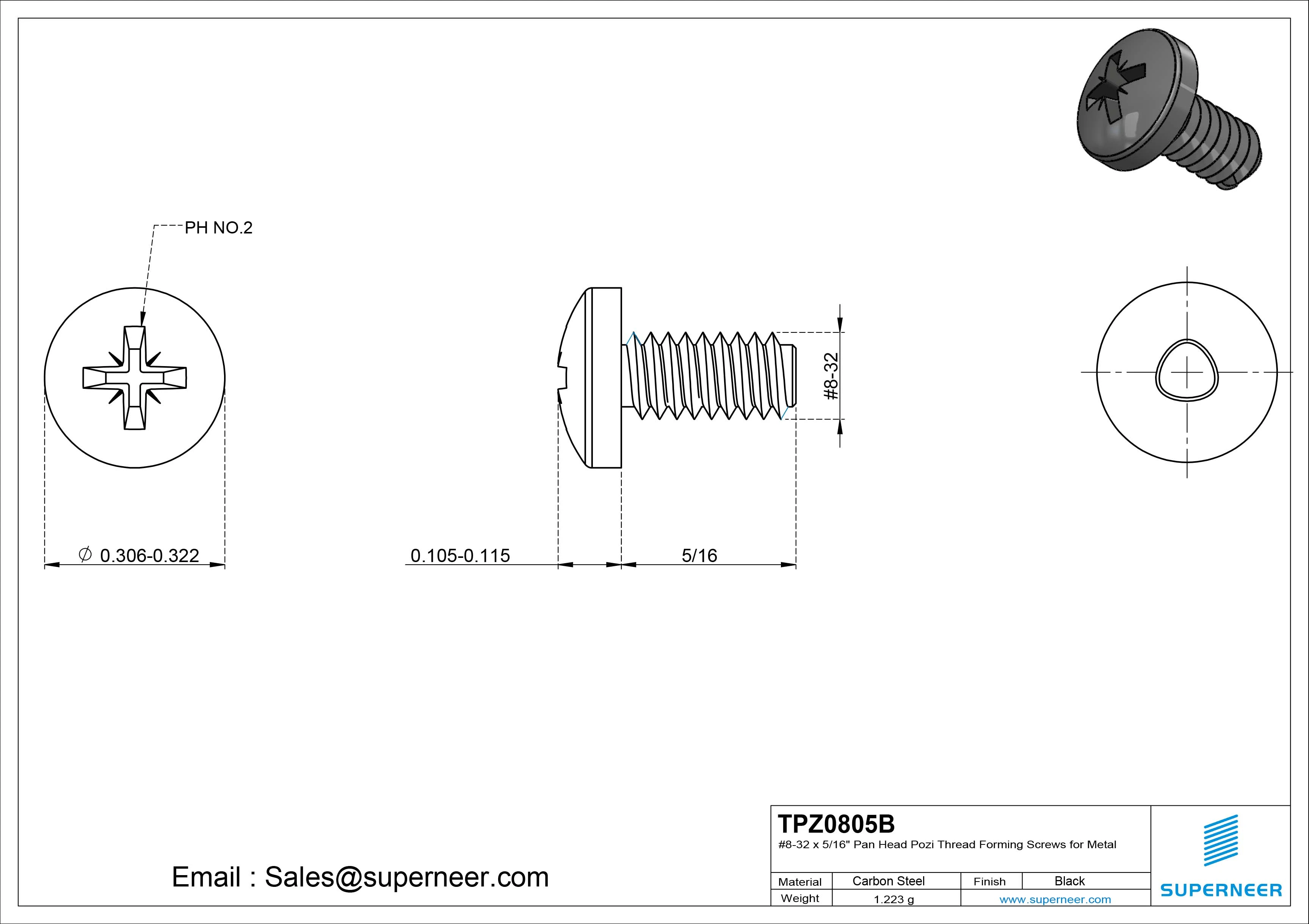8-32 × 5/16 Pan Head Pozi Thread Forming  Screws for Metal  Steel Black