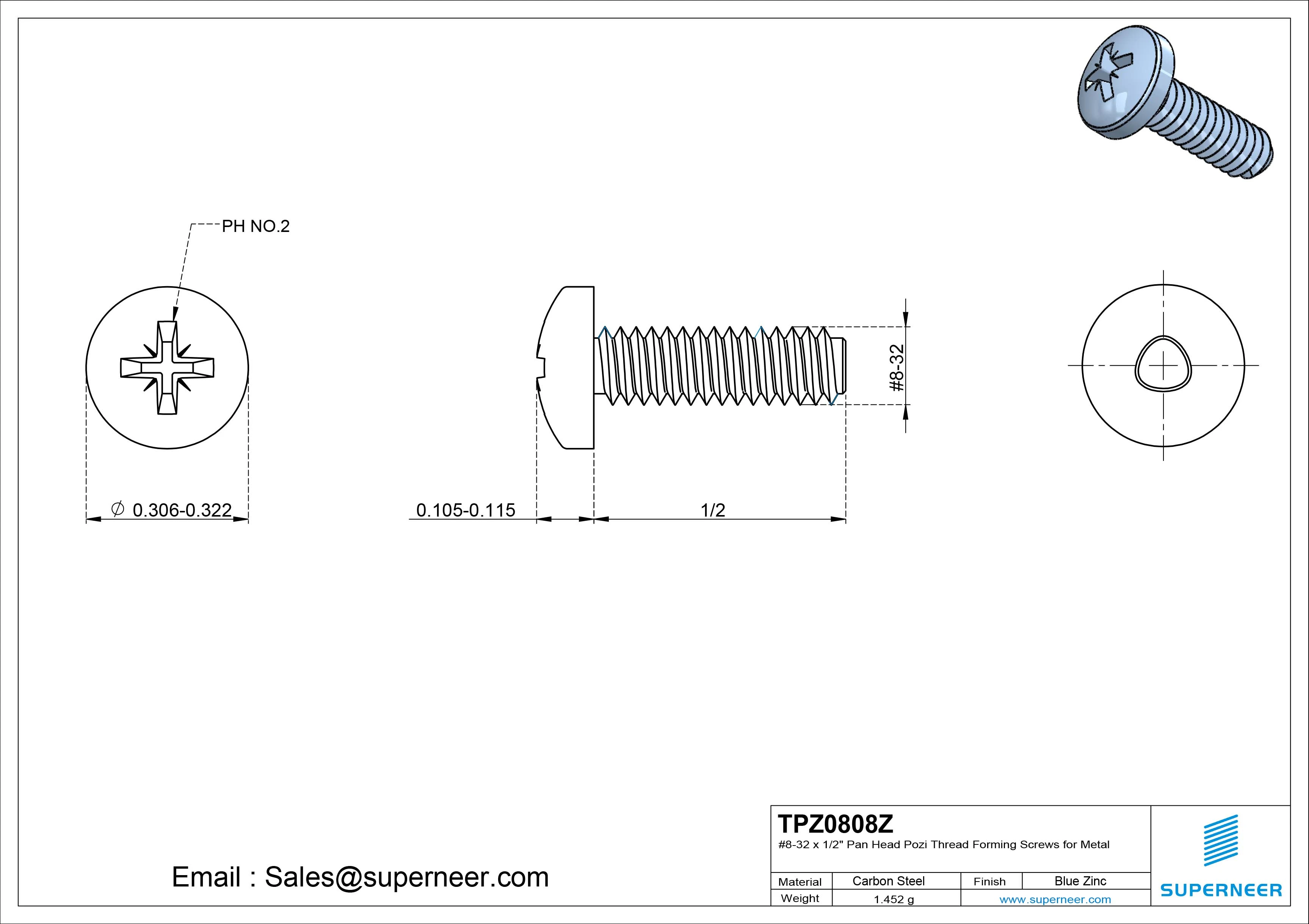 8-32 × 1/2 Pan Head Pozi Thread Forming  Screws for Metal  Steel Blue Zinc Plated