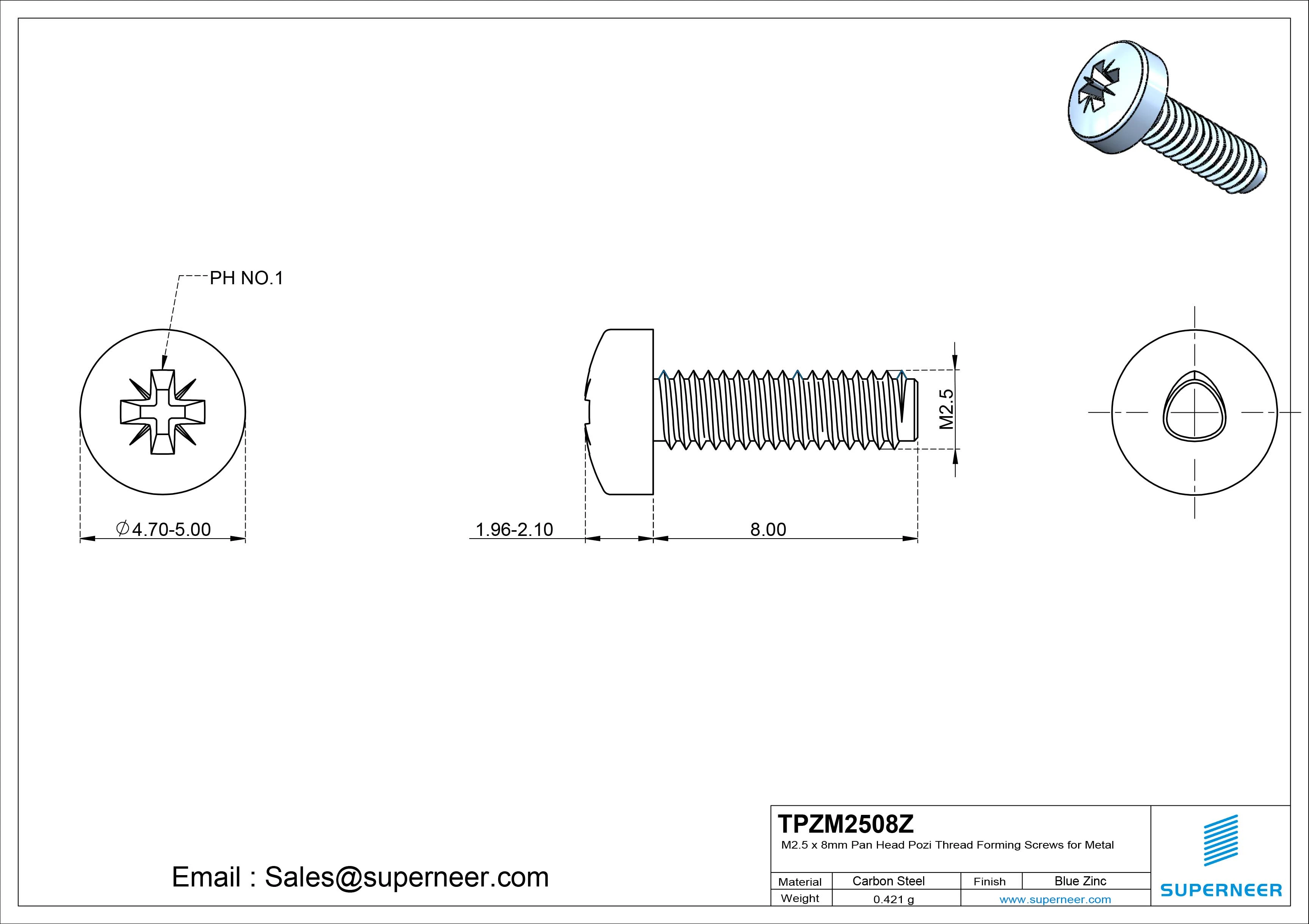 M2.5 × 8mm Pan Head Pozi Thread Forming Screws for Metal Steel Blue Zinc Plated