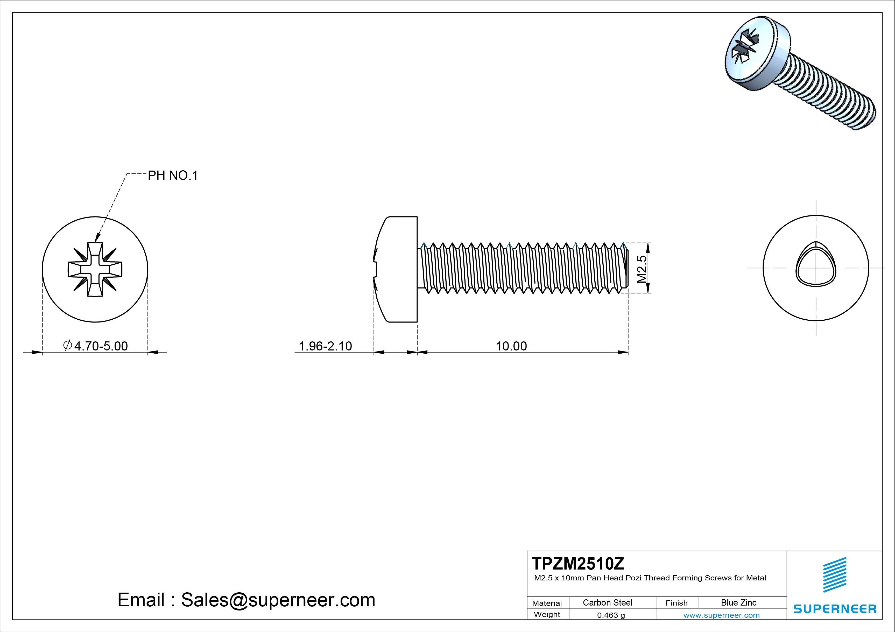 M2.5 × 10mm Pan Head Pozi Thread Forming Screws for Metal Steel Blue Zinc Plated