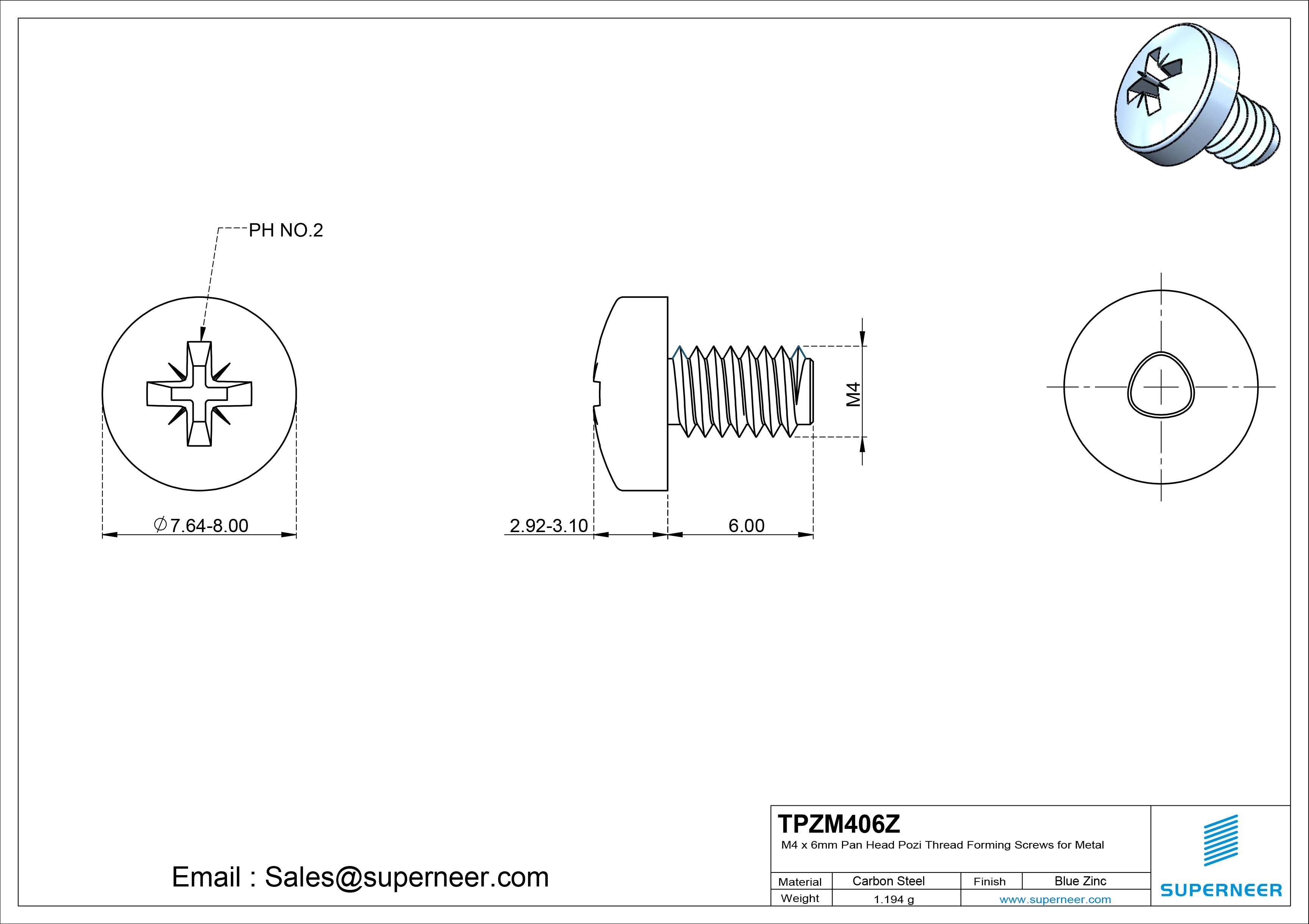 M4 × 6mm Pan Head Pozi Thread Forming Screws for Metal Steel Blue Zinc Plated