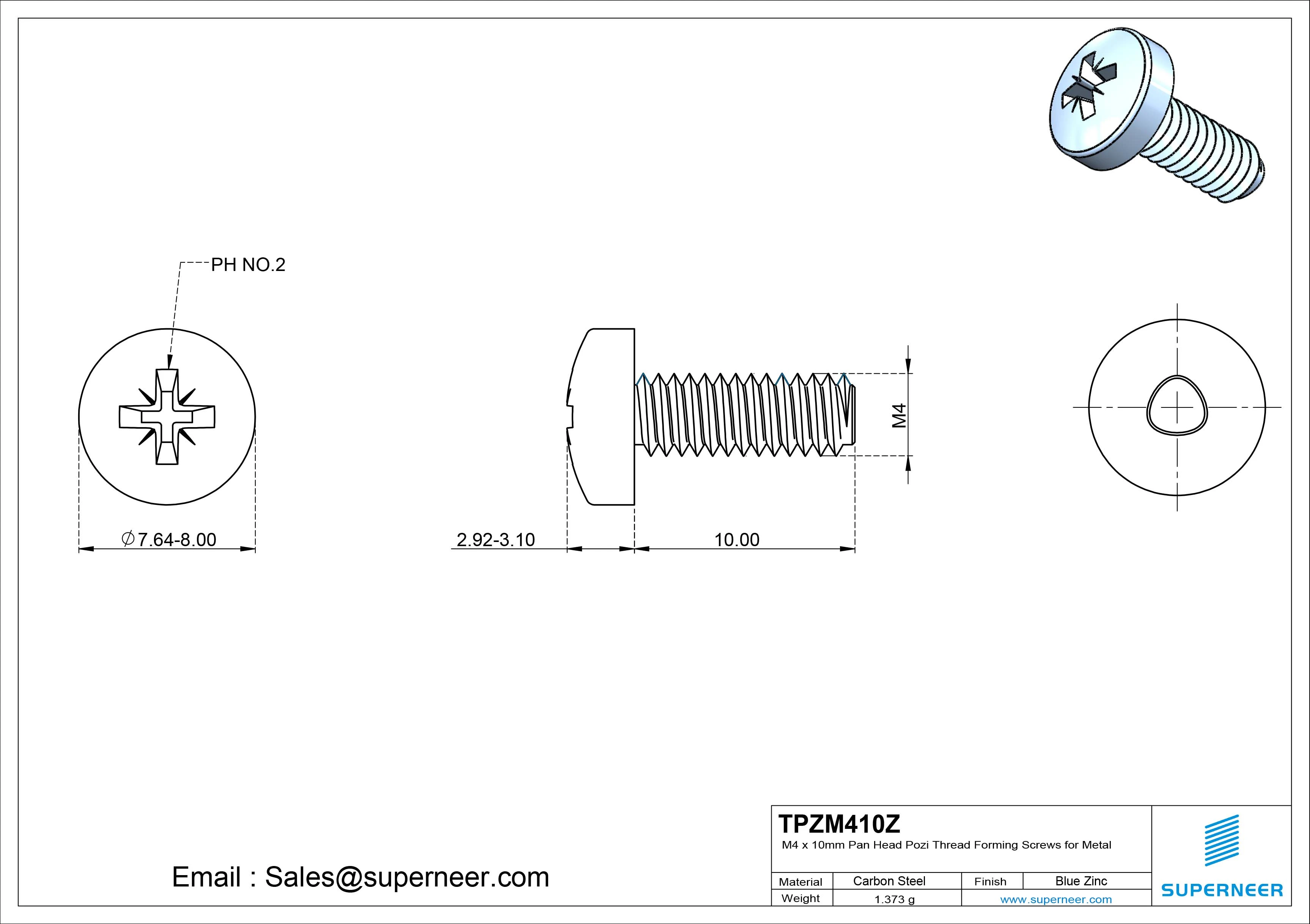 M4 × 10mm Pan Head Pozi Thread Forming Screws for Metal Steel Blue Zinc Plated