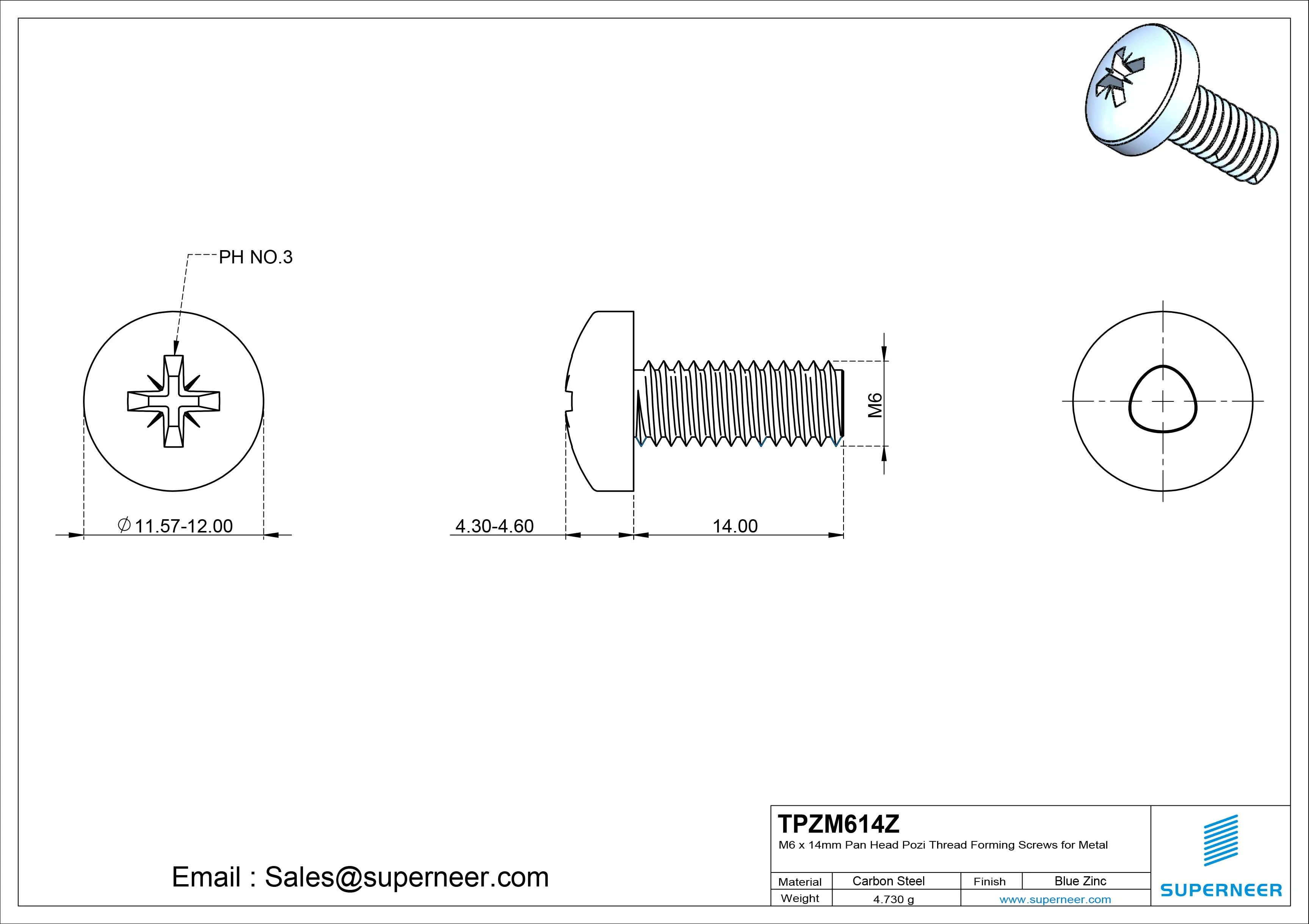 M6 × 14mm Pan Head Pozi Thread Forming Screws for Metal Steel Blue Zinc Plated