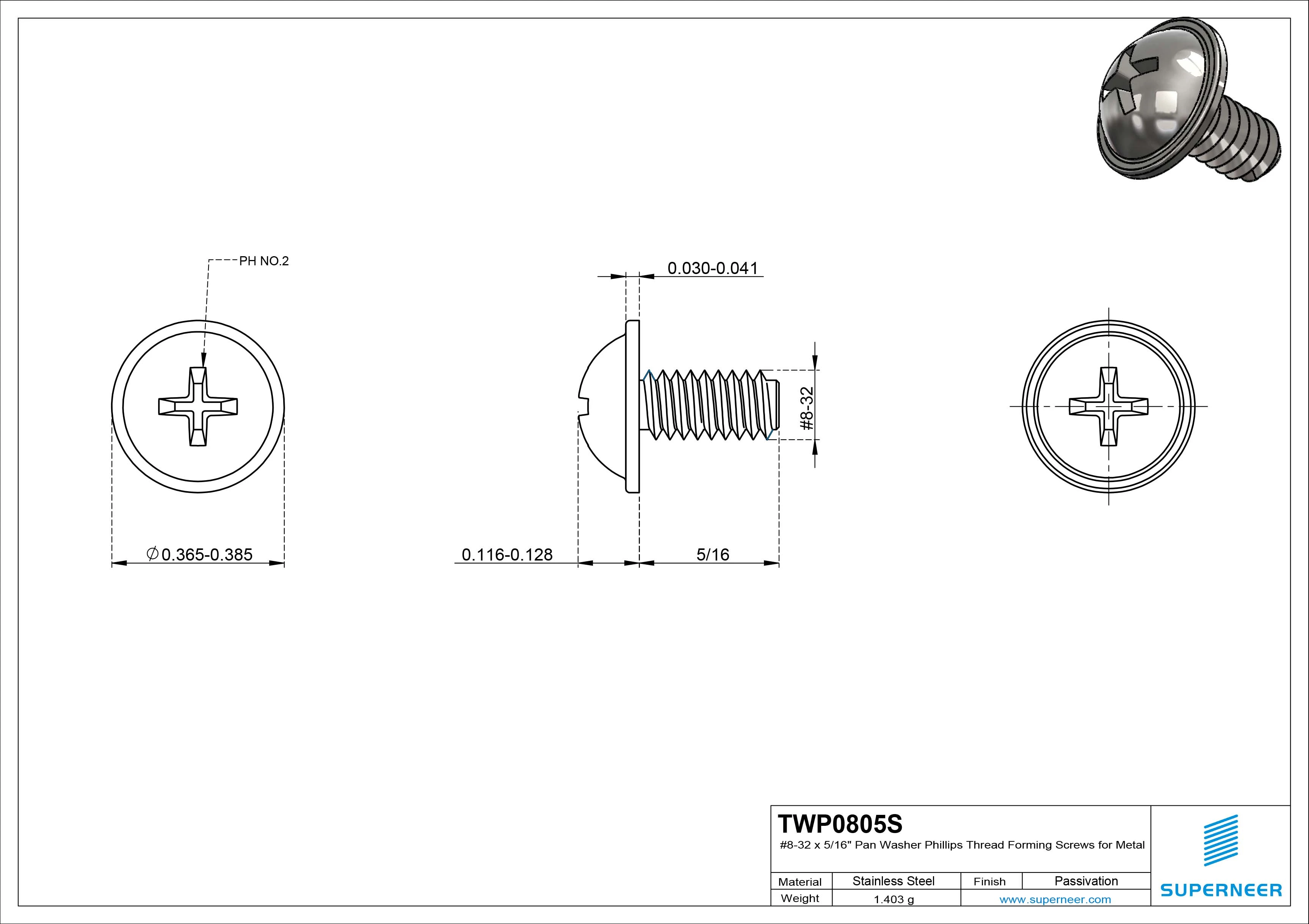 8-32 × 5/16 Pan Washer Phillips Thread Forming  Screws for Metal  SUS304 Stainless Steel Inox