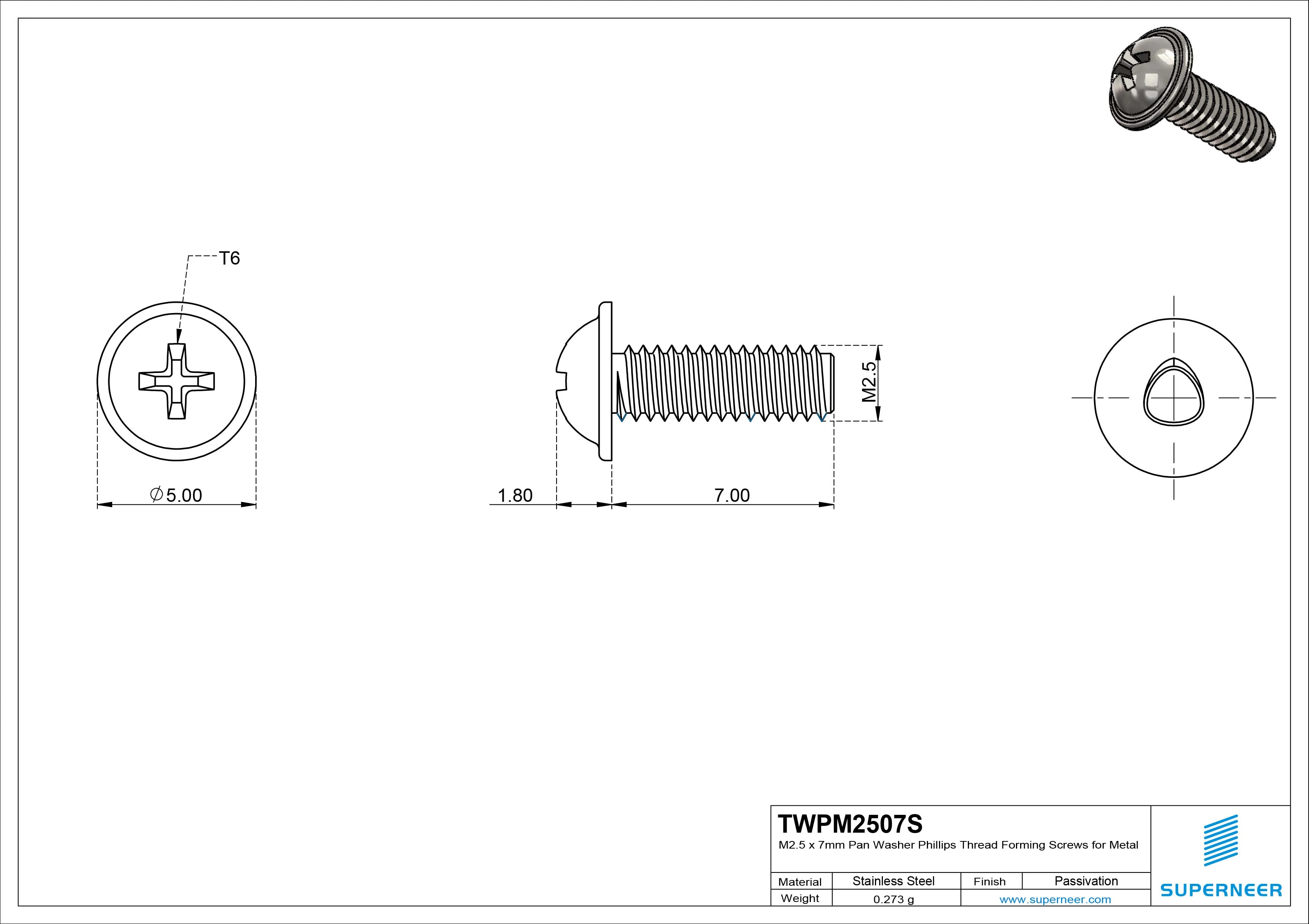 M2.5 &times; 7mm Pan Washer Phillips Thread Forming Screws for Metal SUS304 Stainless Steel Inox