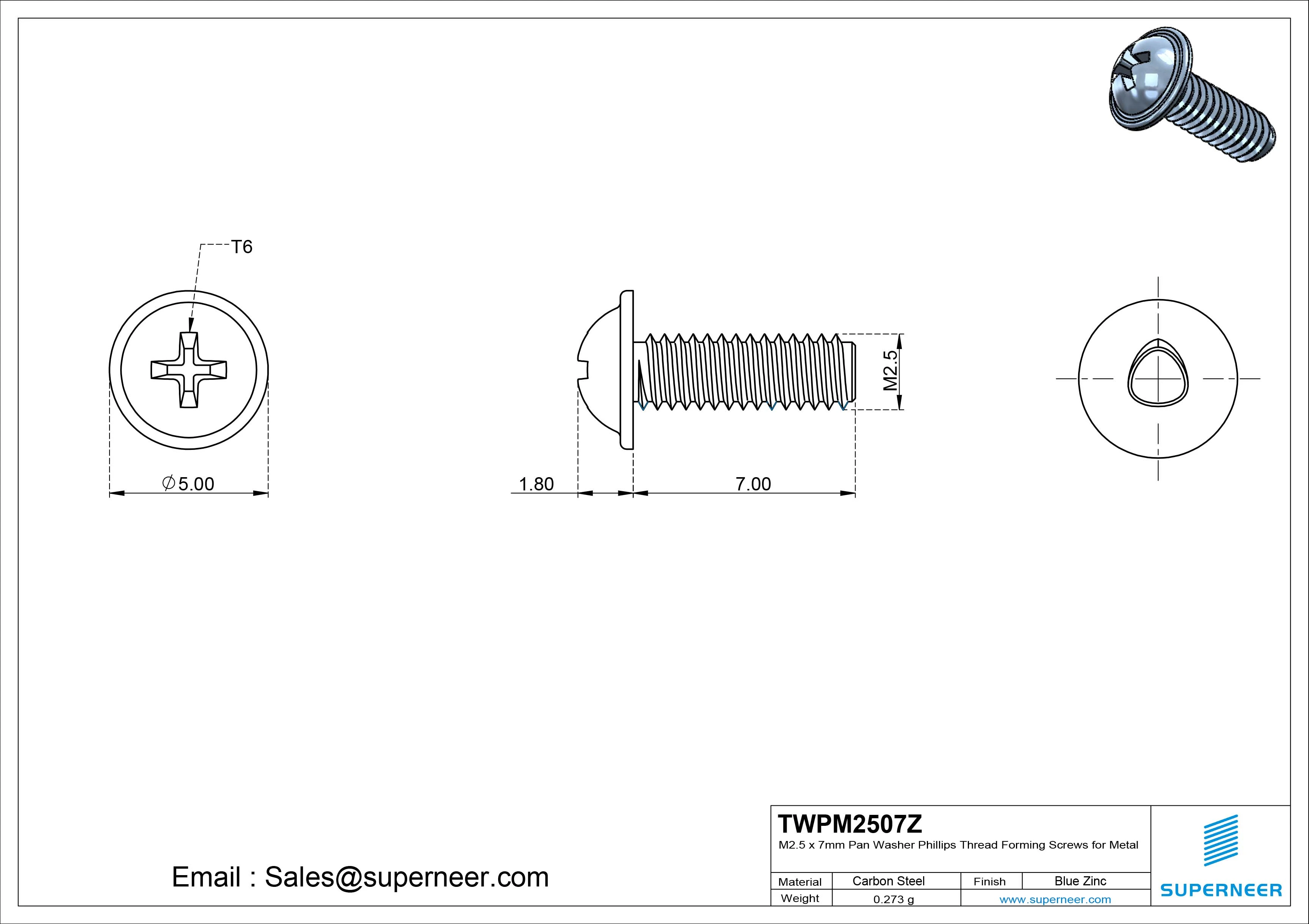 M2.5 × 7mm Pan Washer Phillips Thread Forming Screws for Metal Steel Blue Zinc Plated