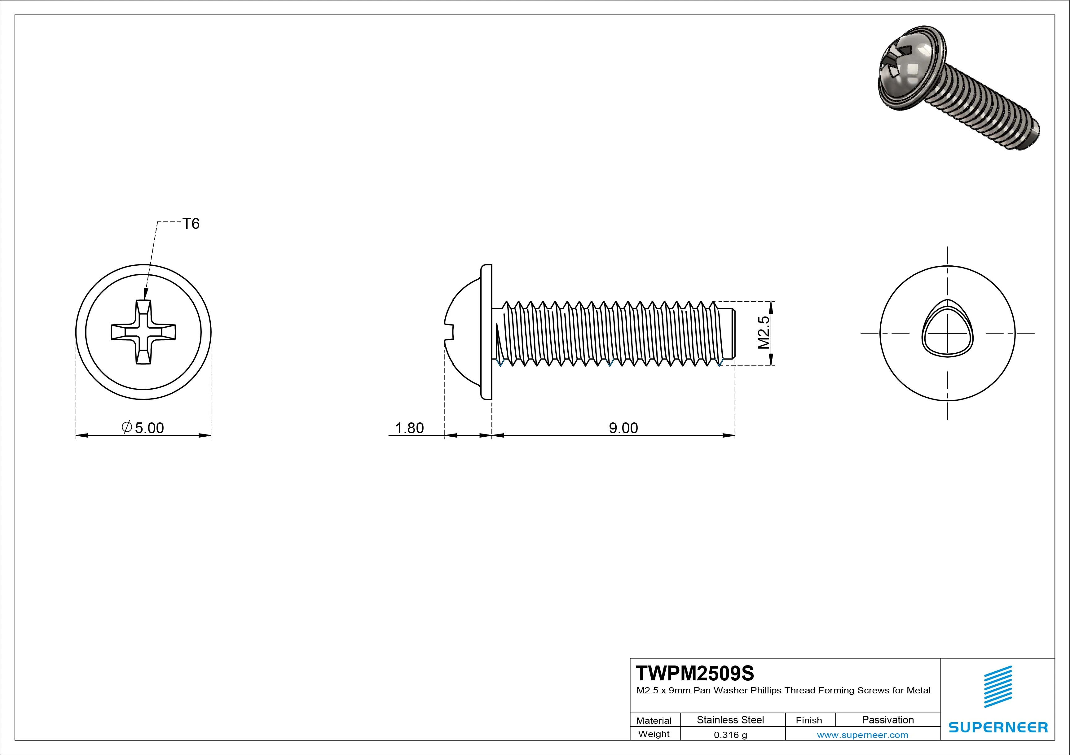 M2.5 × 9mm Pan Washer Phillips Thread Forming Screws for Metal SUS304 Stainless Steel Inox