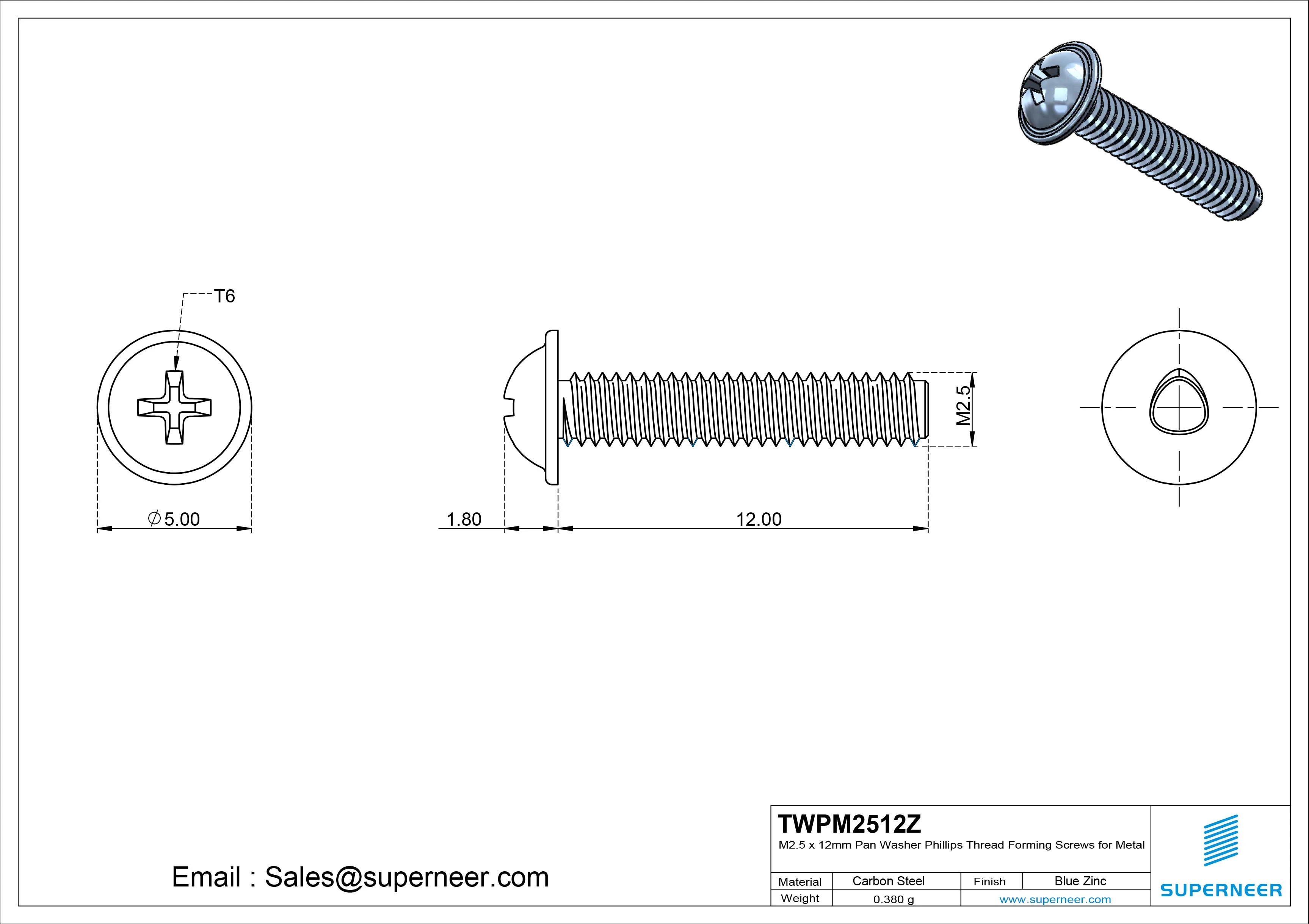 M2.5 × 12mm Pan Washer Phillips Thread Forming Screws for Metal Steel Blue Zinc Plated