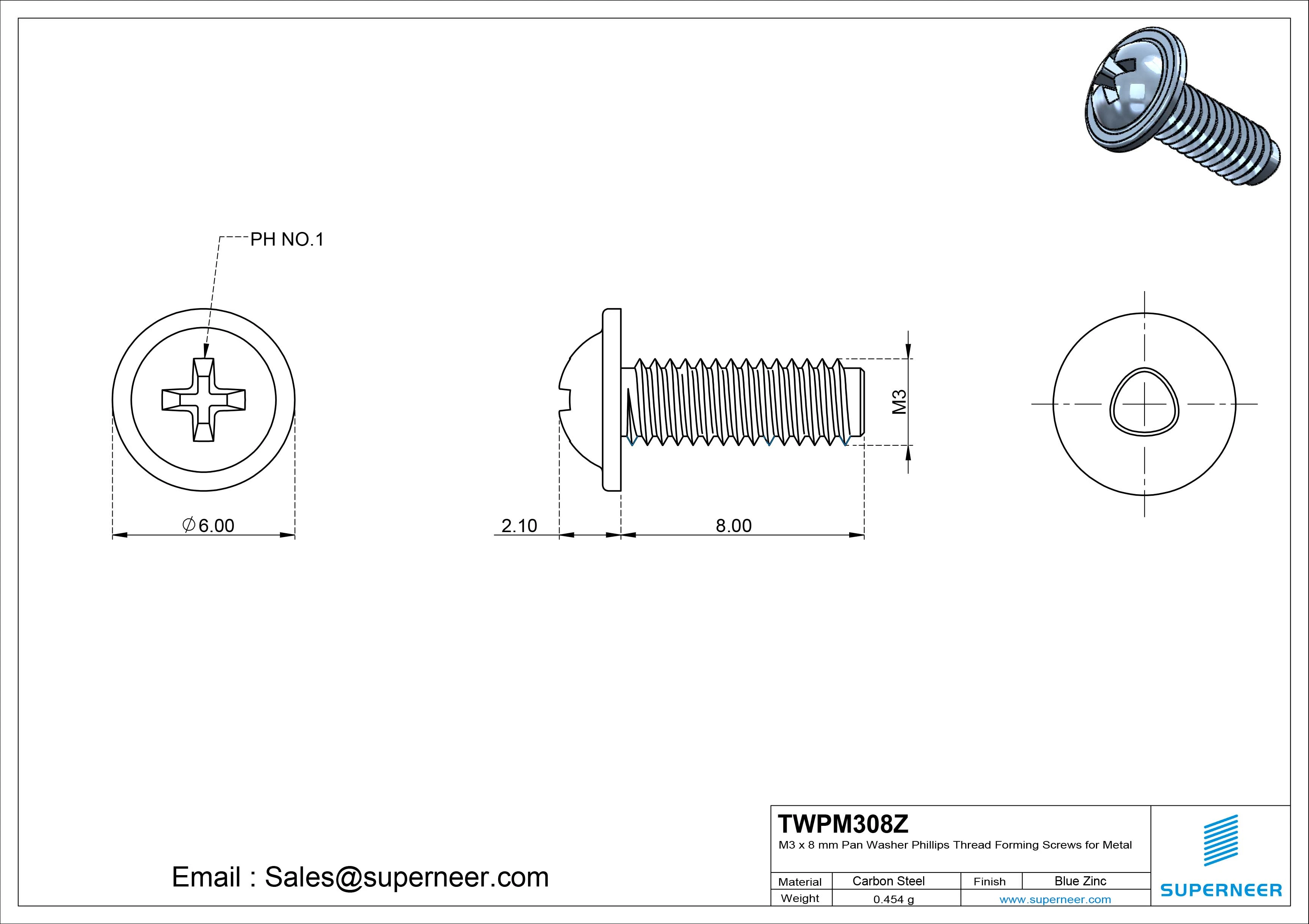M3 × 8mm Pan Washer Phillips Thread Forming Screws for Metal Steel Blue Zinc Plated