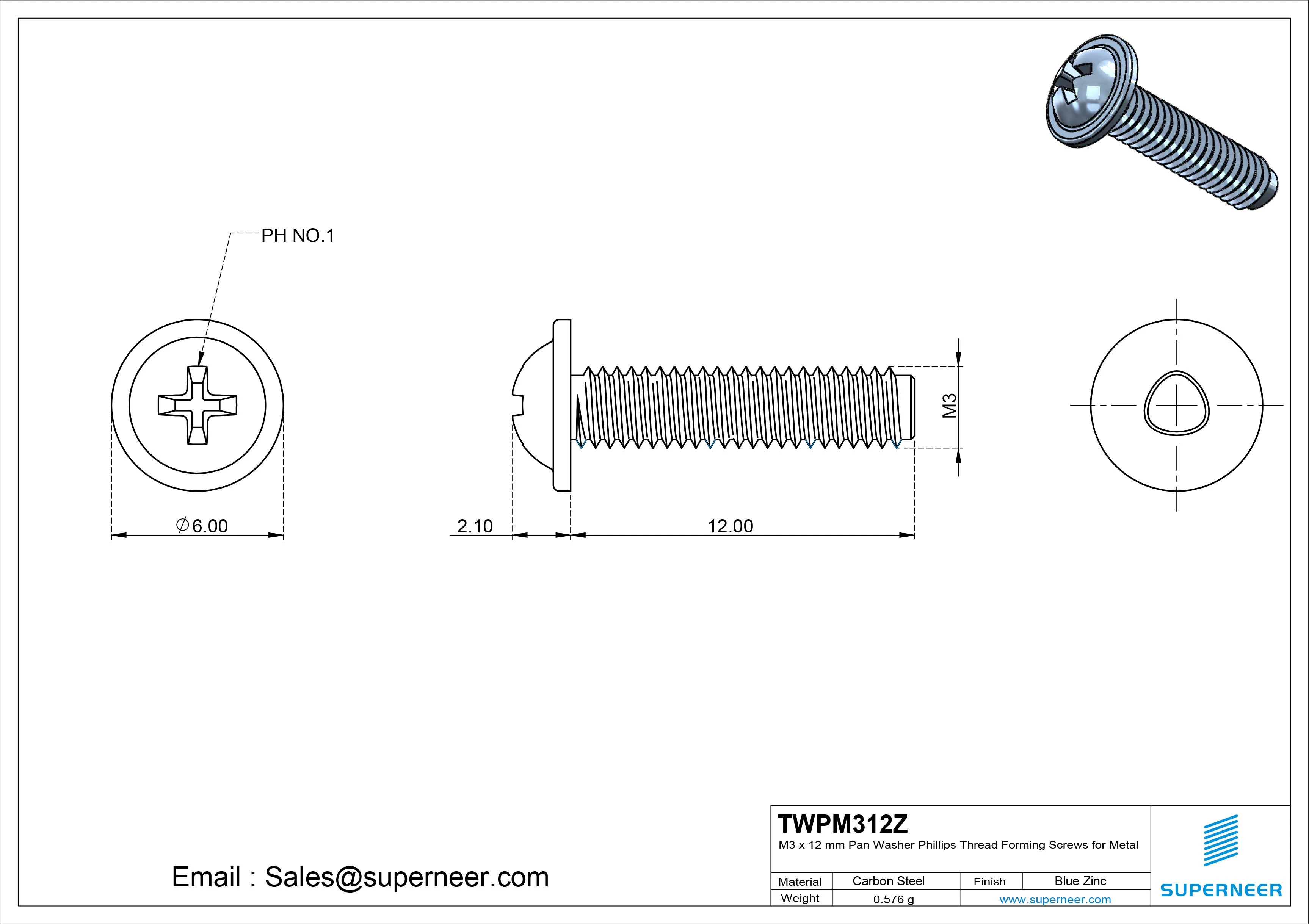 M3 × 12mm Pan Washer Phillips Thread Forming Screws for Metal Steel Blue Zinc Plated