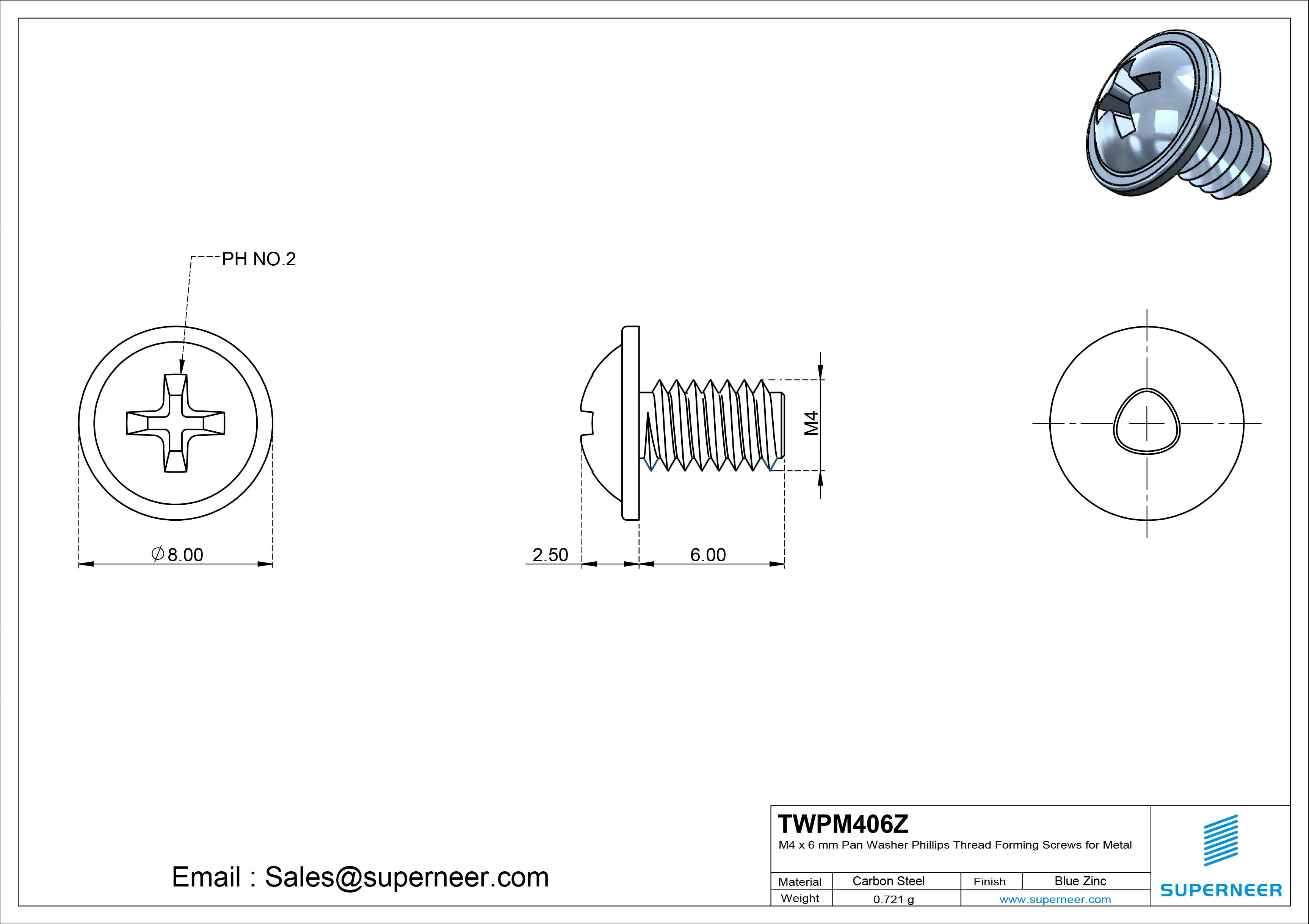 M4 × 6mm Pan Washer Phillips Thread Forming Screws for Metal Steel Blue Zinc Plated