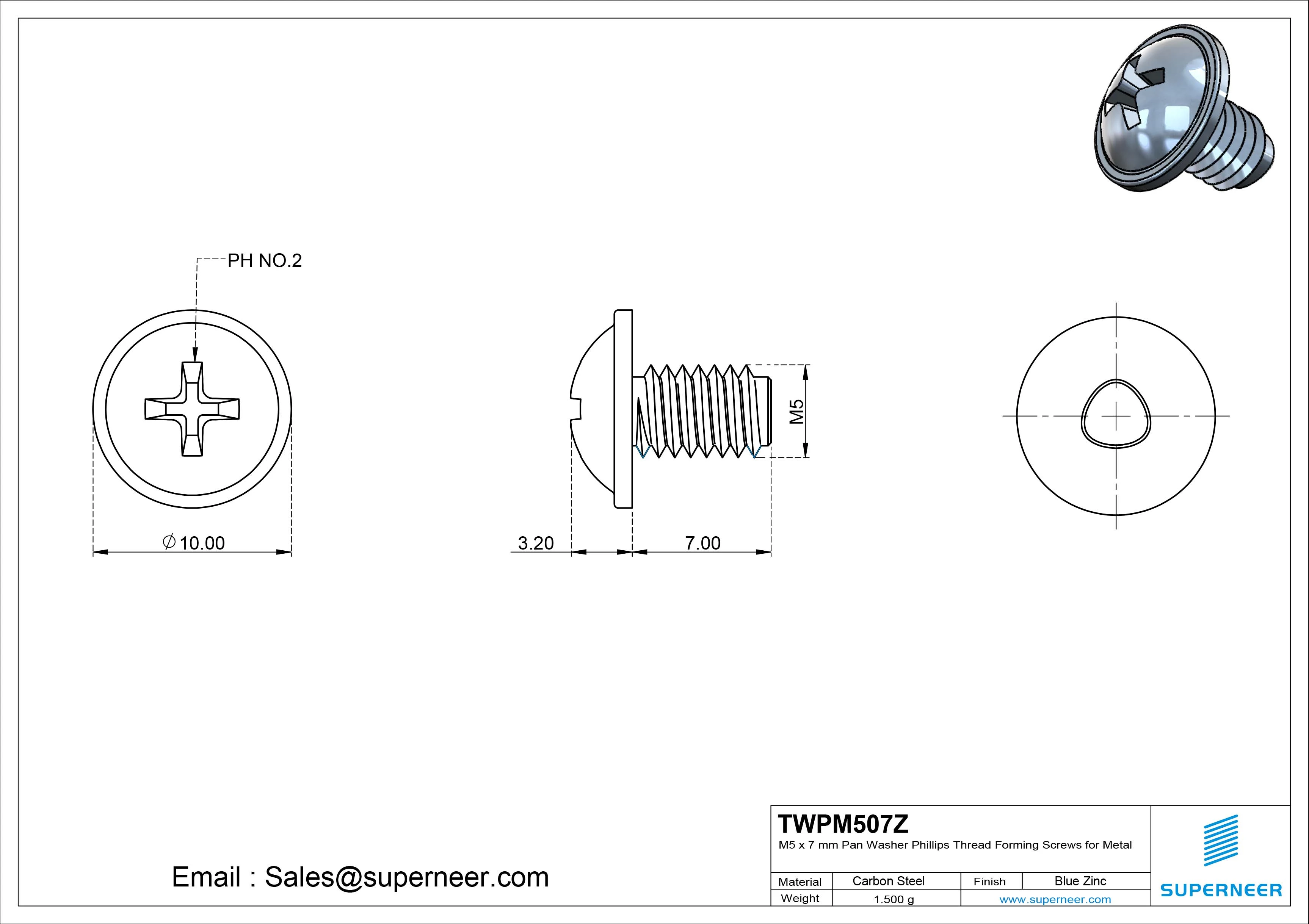 M5 × 7mm Pan Washer Phillips Thread Forming Screws for Metal Steel Blue Zinc Plated