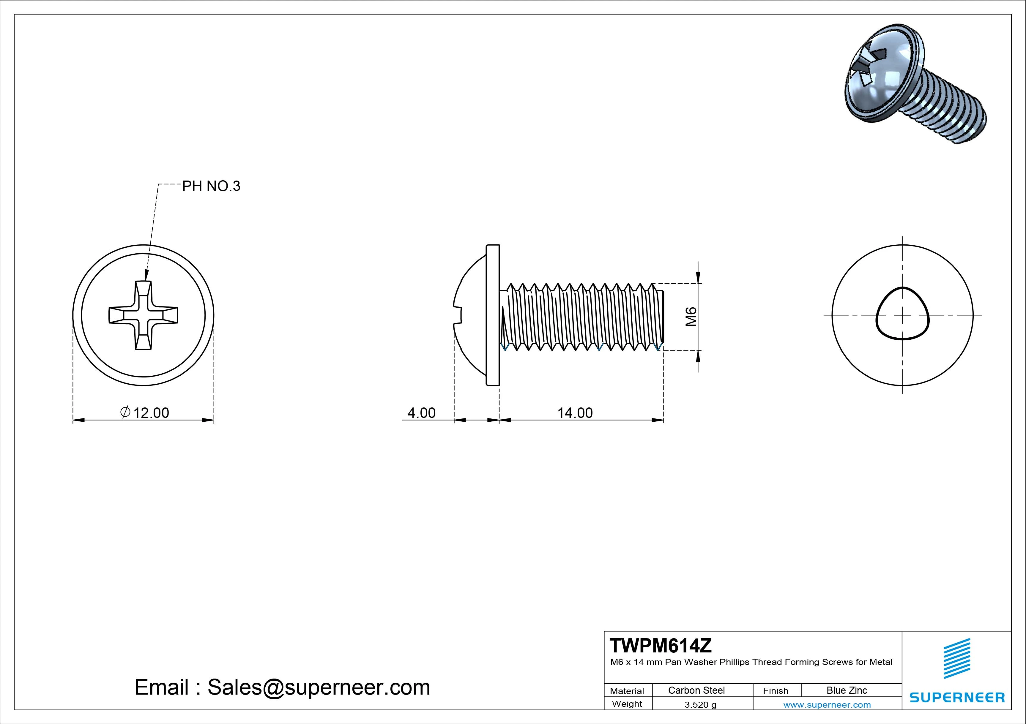 M6 × 14mm Pan Washer Phillips Thread Forming Screws for Metal Steel Blue Zinc Plated