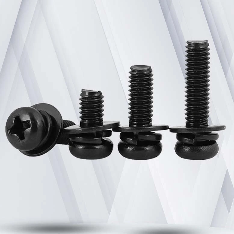 2-56 x 7/16" Pan Head Phillips SEMS Screws with Spring and Flat Washer Steel Black