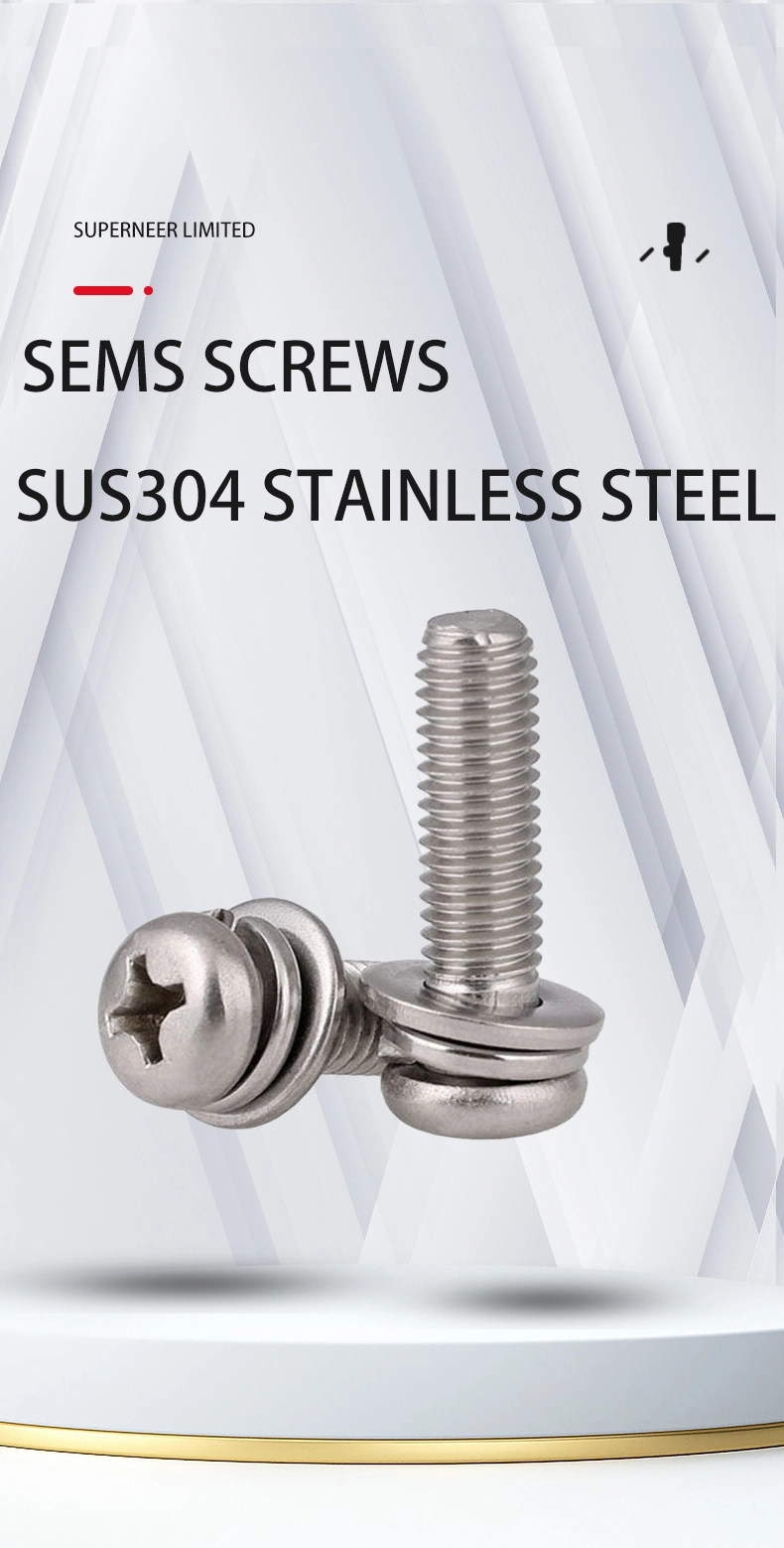 M6 x 22mm Pan Head Phillips SEMS Screws with Spring and Flat Washer SUS304 Stainless Steel Inox