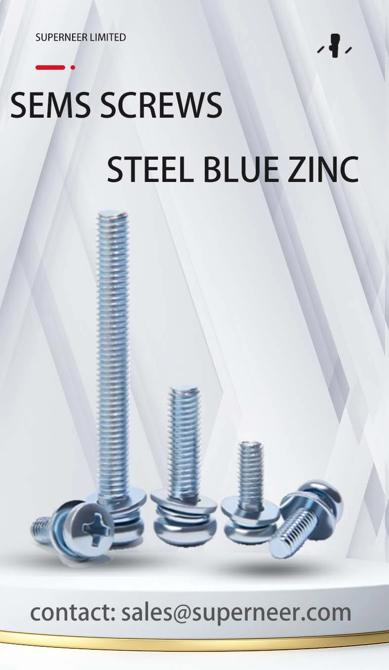 M4 x 7mm Pan Head Phillips SEMS Screws with Spring and Flat Washer Steel Blue Zinc Plated