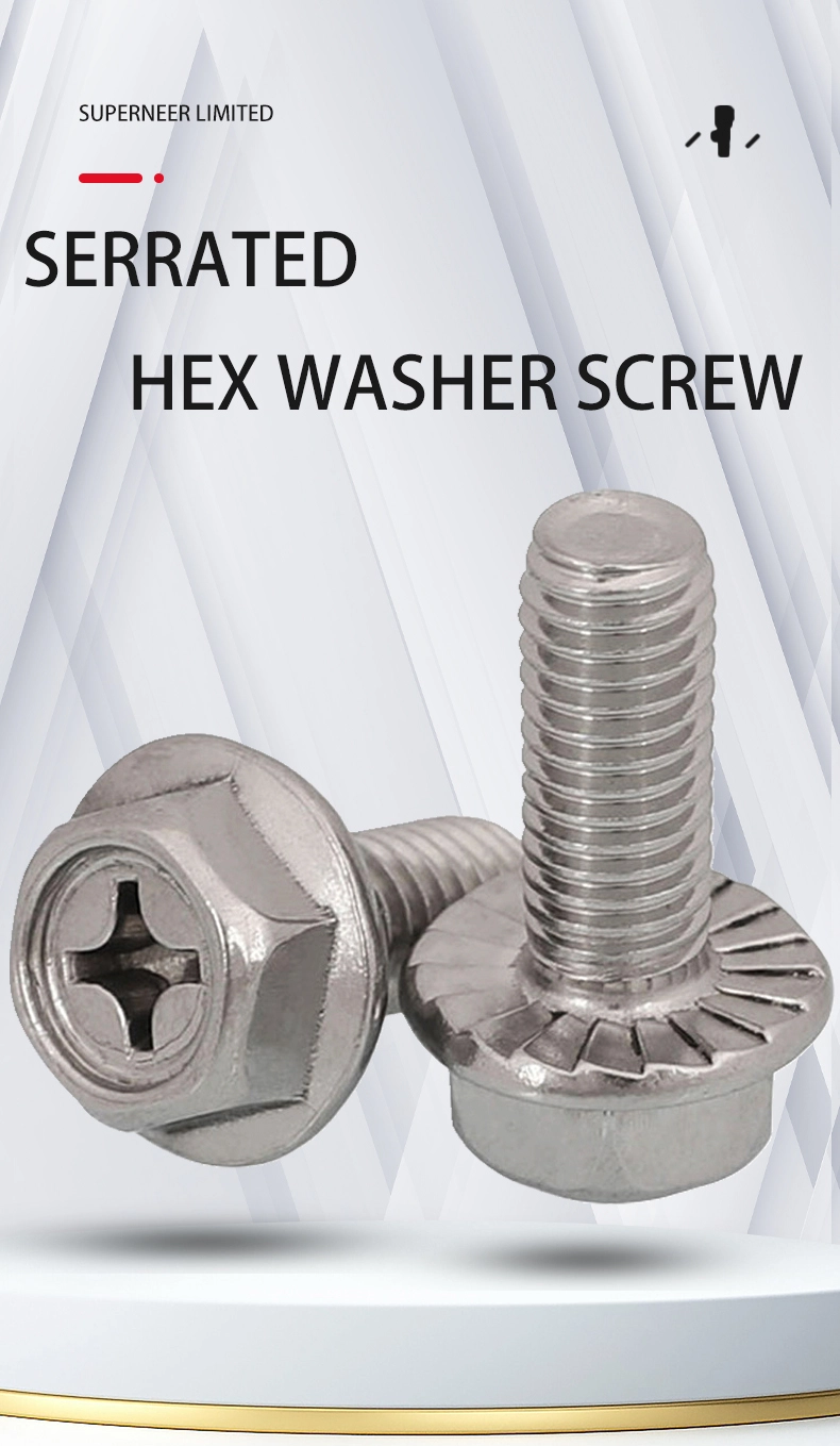 8-32 x 5/16" Indented Hex Washer Serrated Head Phillips Machine Screw SUS304 Stainless Steel Inox