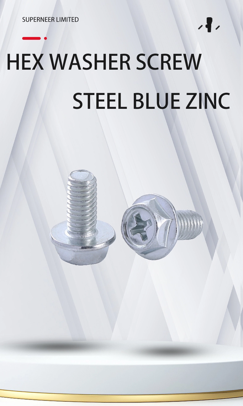 6-32 x 7/16“ Indented Hex Washer Head Phillips Machine Screw Steel Blue Zinc Plated