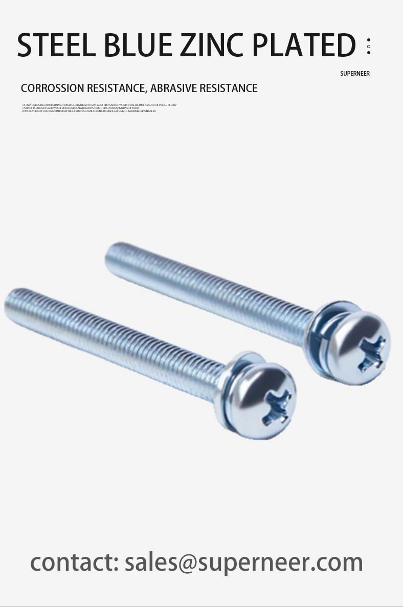 M4 x 7mm Pan Head Phillips SEMS Screws with Spring and Flat Washer Steel Blue Zinc Plated