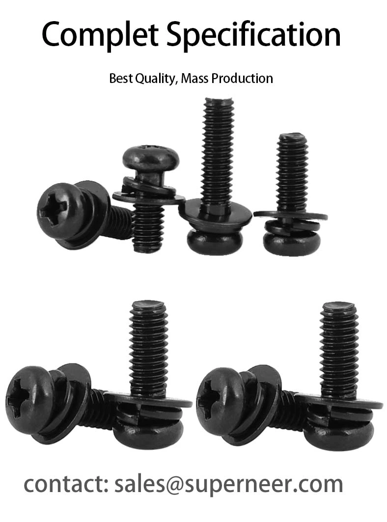 M2.5 x 12mm Pan Head Phillips SEMS Screws with Spring and Flat Washer Steel Black