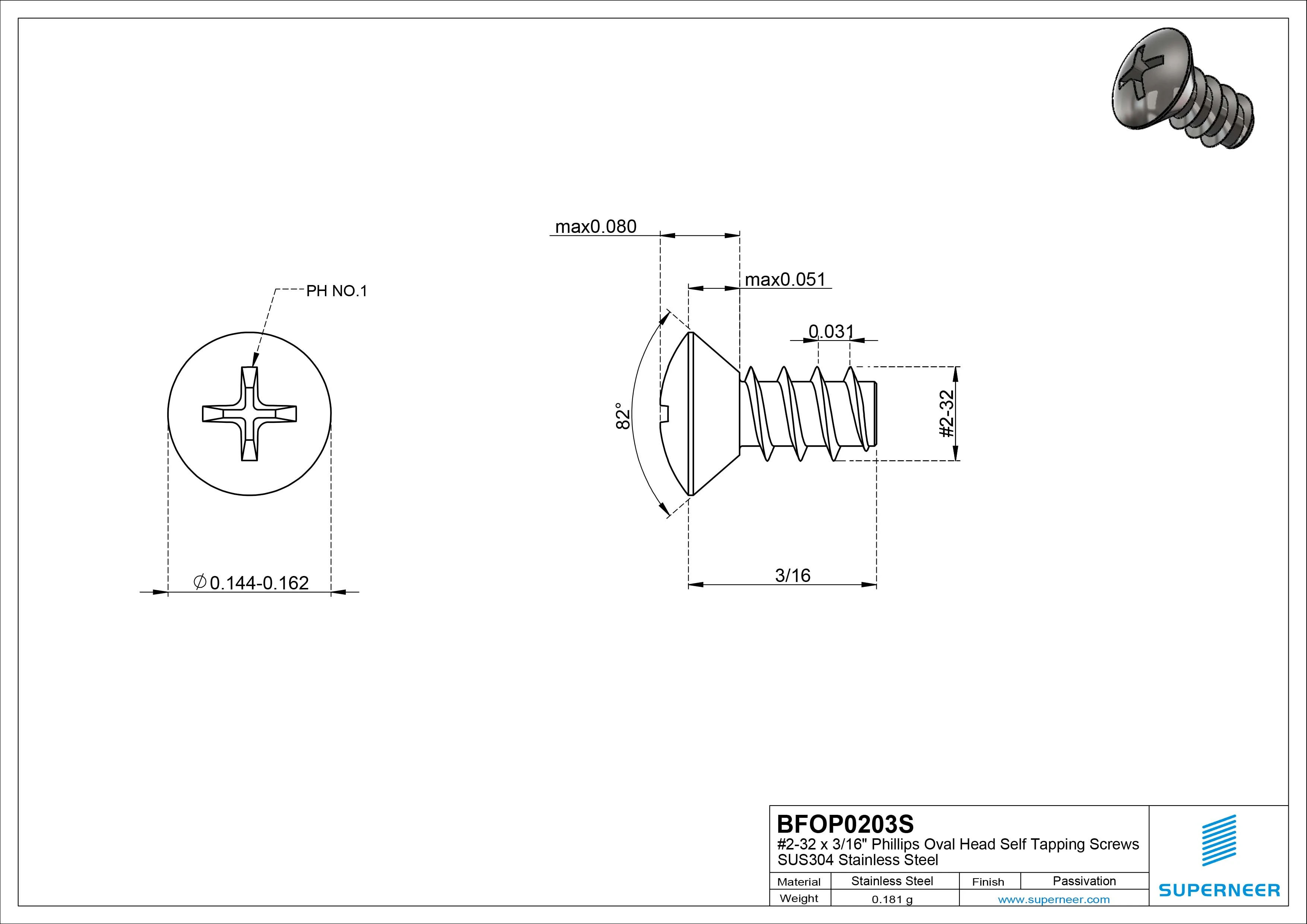 2-32 x 3/16" Phillips Oval Head Self Tapping Screws SUS304 Stainless Steel Inox