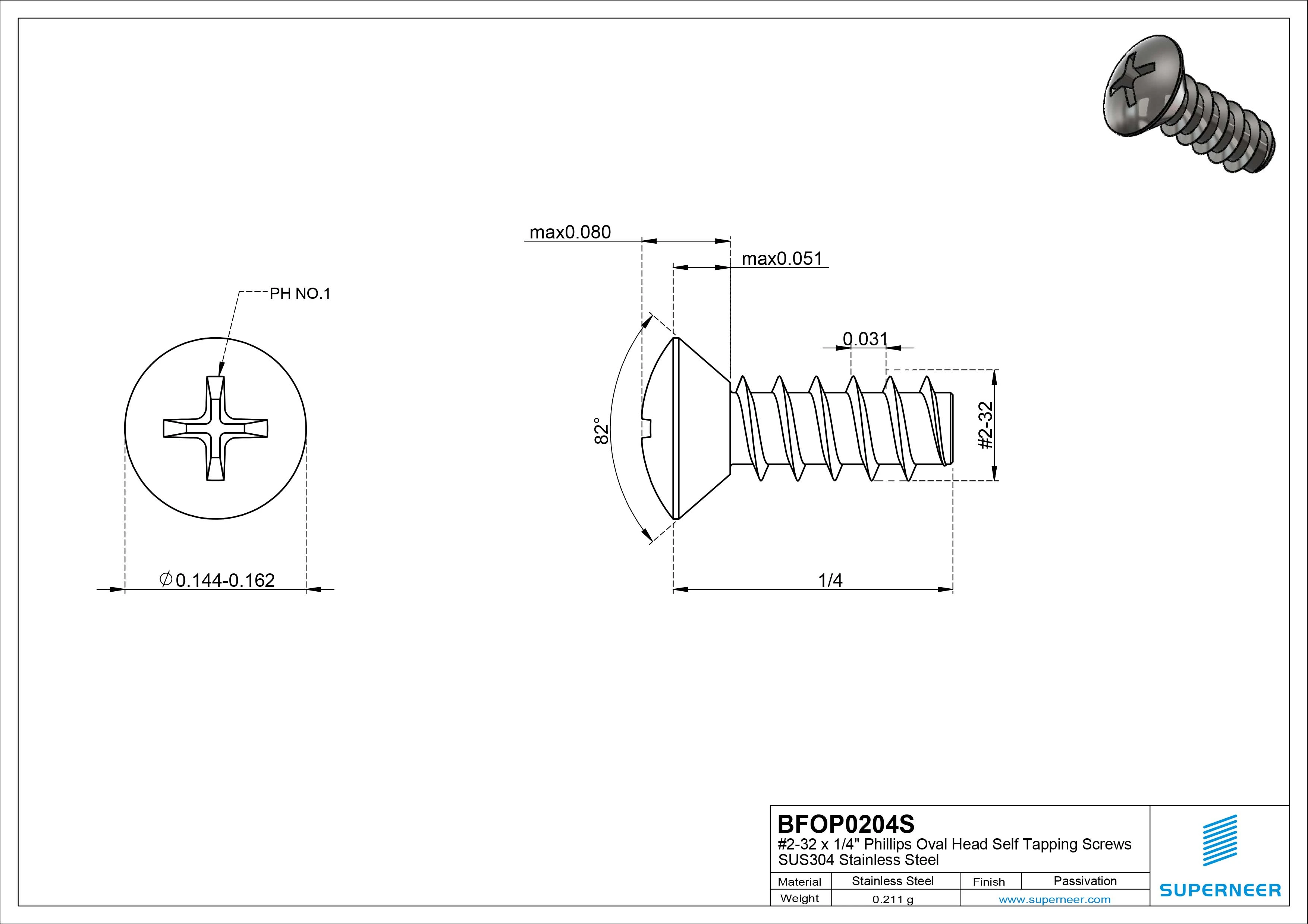 2-32 x 1/4" Phillips Oval Head Self Tapping Screws SUS304 Stainless Steel Inox
