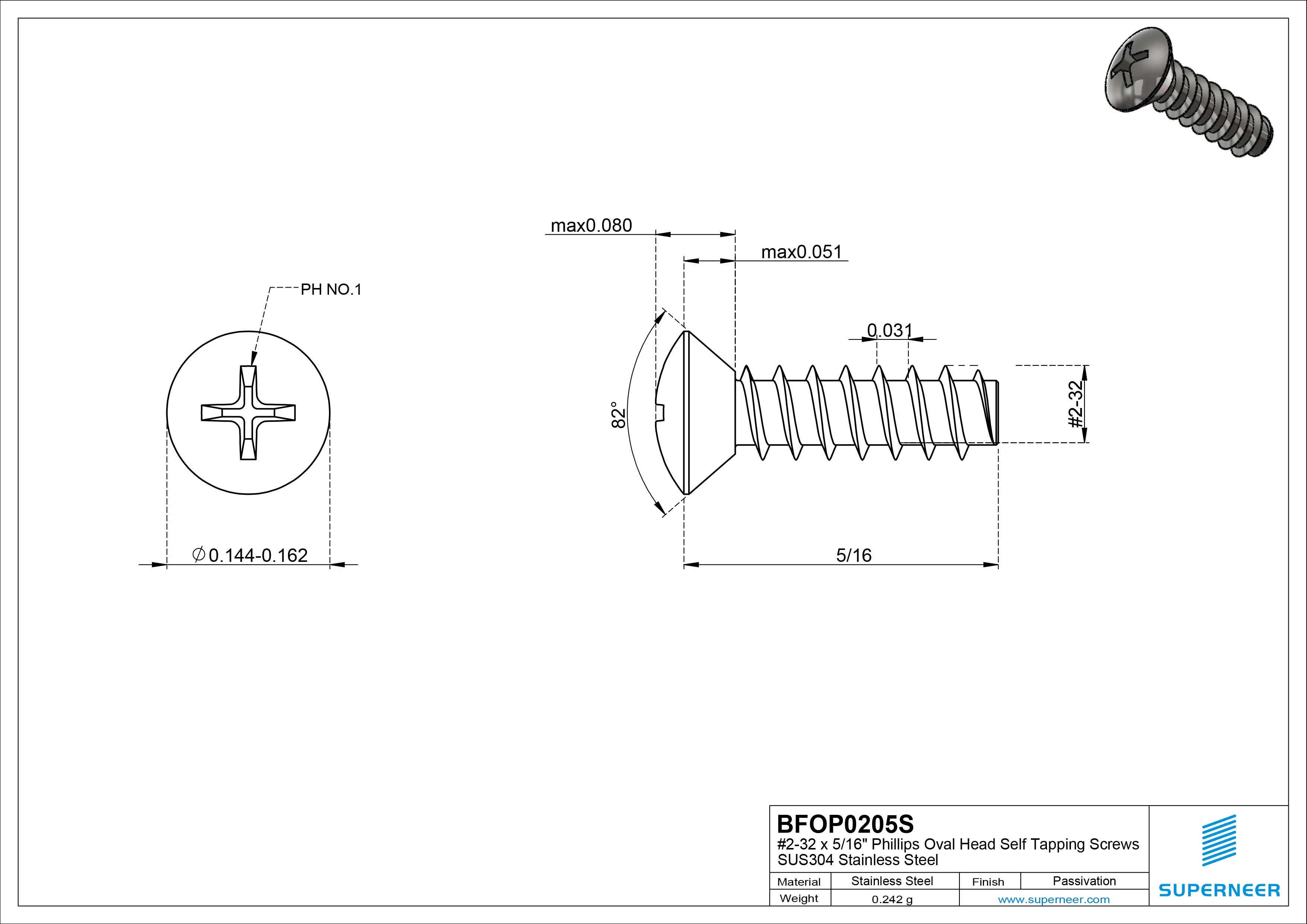 2-32 x 5/16" Phillips Oval Head Self Tapping Screws SUS304 Stainless Steel Inox