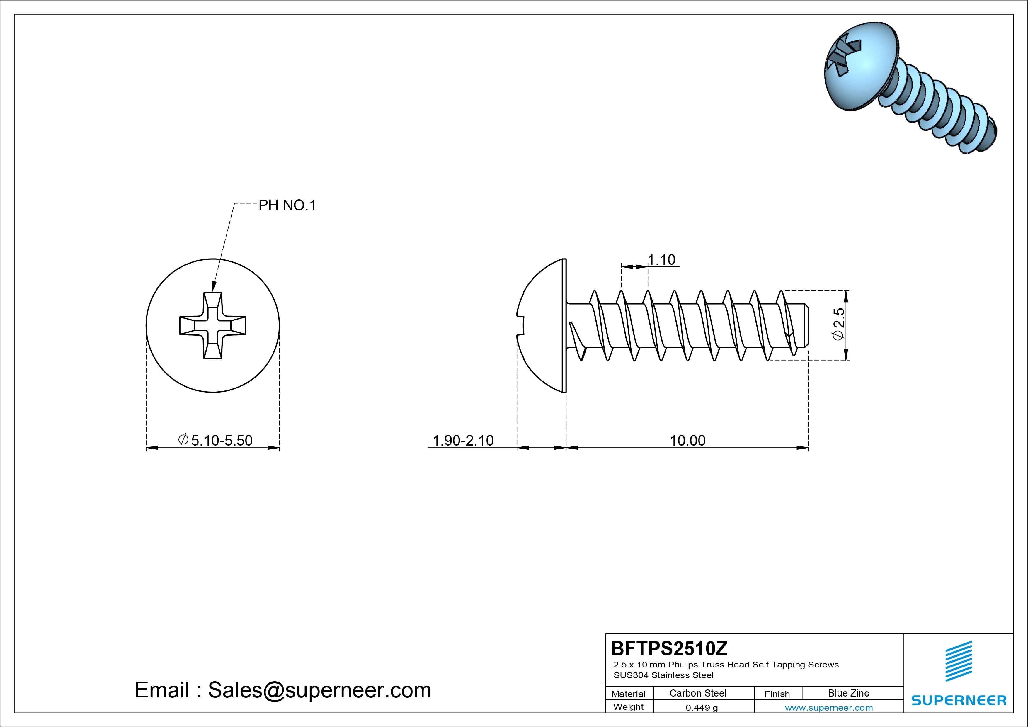 2.5 x 10mm Phillips Truss Head Self Tapping Screws Steel Blue Zinc Plated