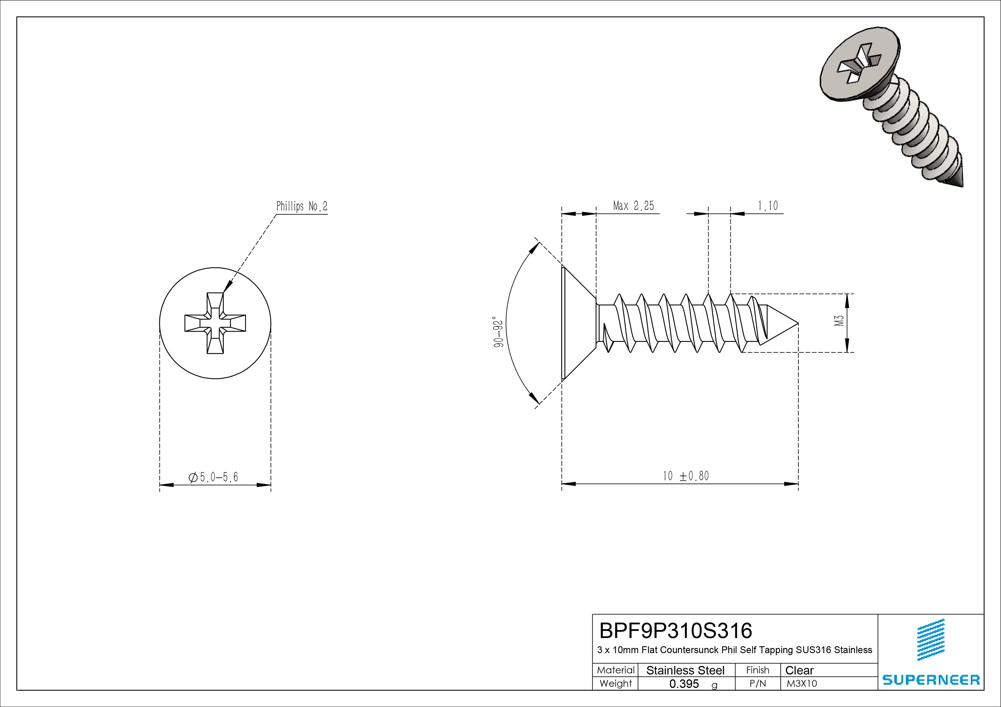 3 x 10mm Flat Countersunk Head Phillips Self Tapping Screw SUS316 Stainless Steel