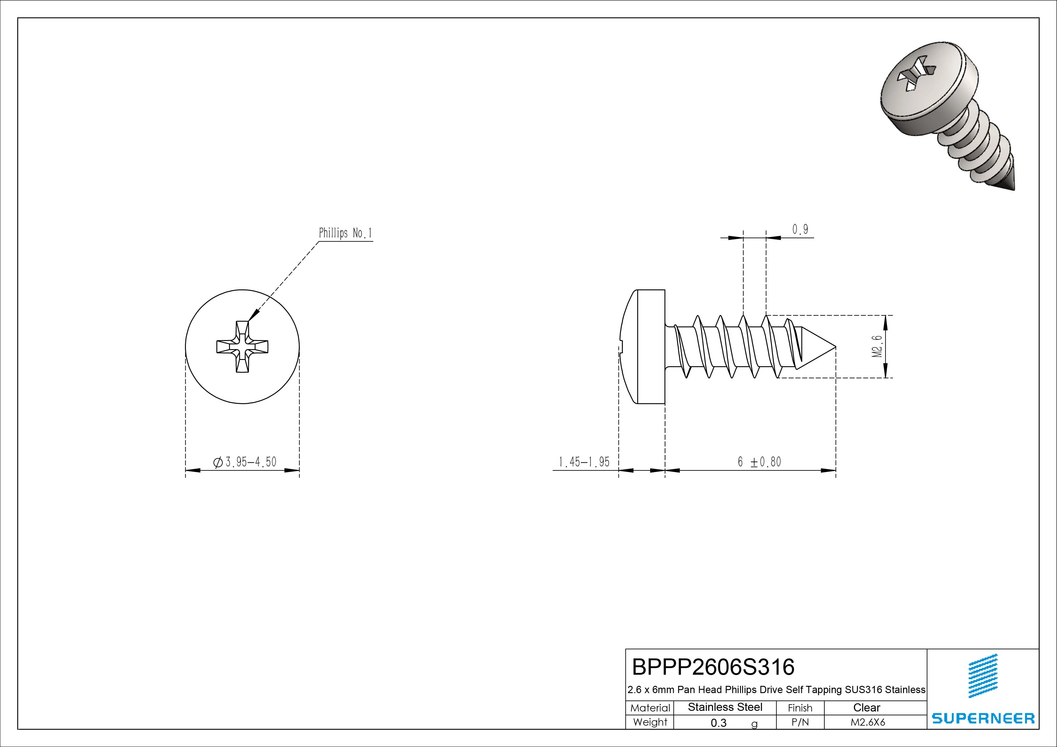 2.6 x 6mm Pan Head Phillips Self Tapping Screw SUS316 Stainless Steel 
