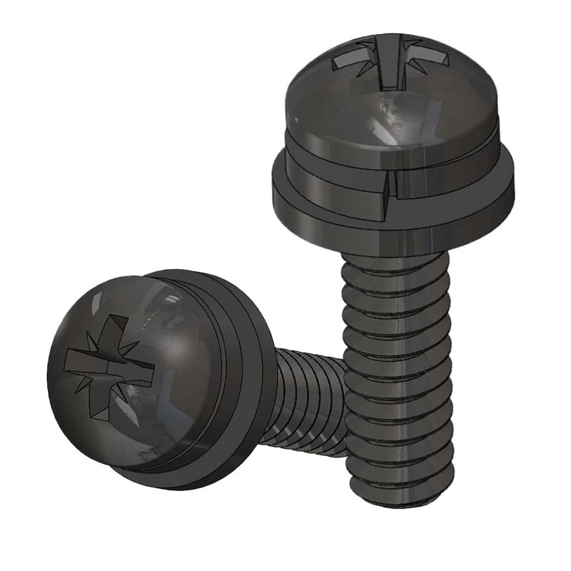 Black Steel Pozi Pan Head SEMS Screws - Flat Washer and Split Washer